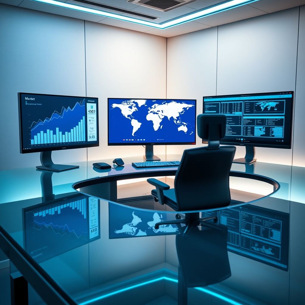 "A sleek, modern workspace featuring a futuristic real estate agent's desk with three screens. One screen displays a dynamic real estate market analysis graph, the second shows a global map pinpointing international trade routes and tariff impacts, and the third screen highlights a sophisticated property management software interface. The office setting reflects a high-tech atmosphere with glass surfaces and ambient blue lighting, emphasizing a forward-thinking approach to embracing technology and understanding global market influences in real estate."