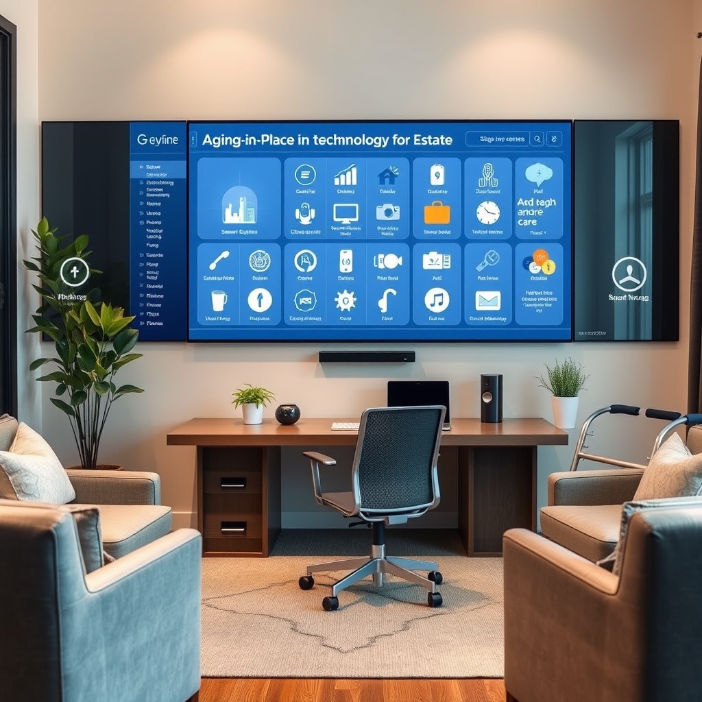 "A contemporary home office featuring a large monitor displaying innovative aging-in-place technology solutions for real estate. The screen shows a user-friendly interface with various smart home devices tailored for elderly care, such as sensor systems, voice-activated devices, and health monitoring apps. Around the room, illustrate subtle hints of assistive technology like grab bars and a smart walker. The setting conveys a harmonious blend of modern living and technology, aimed at enhancing the lifestyle of the aging population, reflecting a warm, welcoming, and sophisticated ambiance."