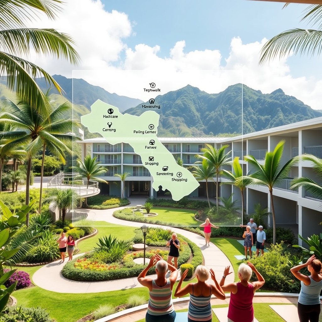 "A serene, modern senior living facility nestled in a lush Hawaiian landscape, with a digital interactive display showing a detailed map of the area. The map features icons for local amenities such as healthcare centers, parks, and shopping areas tailored for seniors. The facility is surrounded by tropical gardens with walking paths, and in the foreground, a group of seniors can be seen enjoying a yoga session outdoors. The ambiance is calm and inviting, reflecting a fusion of high-tech convenience and natural beauty."