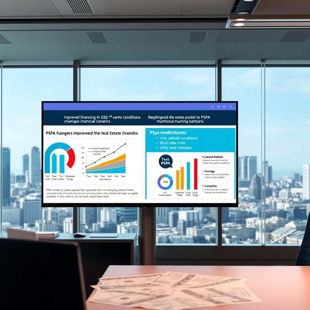"A dynamic office setting featuring a large, high-resolution monitor displaying graphs and statistics related to PSPA changes impacting GSEs and real estate dynamics. On the screen, visually distinct areas show the improved financing conditions, a separate stylish infographic summarizing real estate market trends, and a bright, colored sidebar showing key points about PSPA modifications. The office environment is modern and sleek, populated with architectural blueprints and a visible cityscape through large windows, portraying a high level of professionalism and a focus on real estate development."