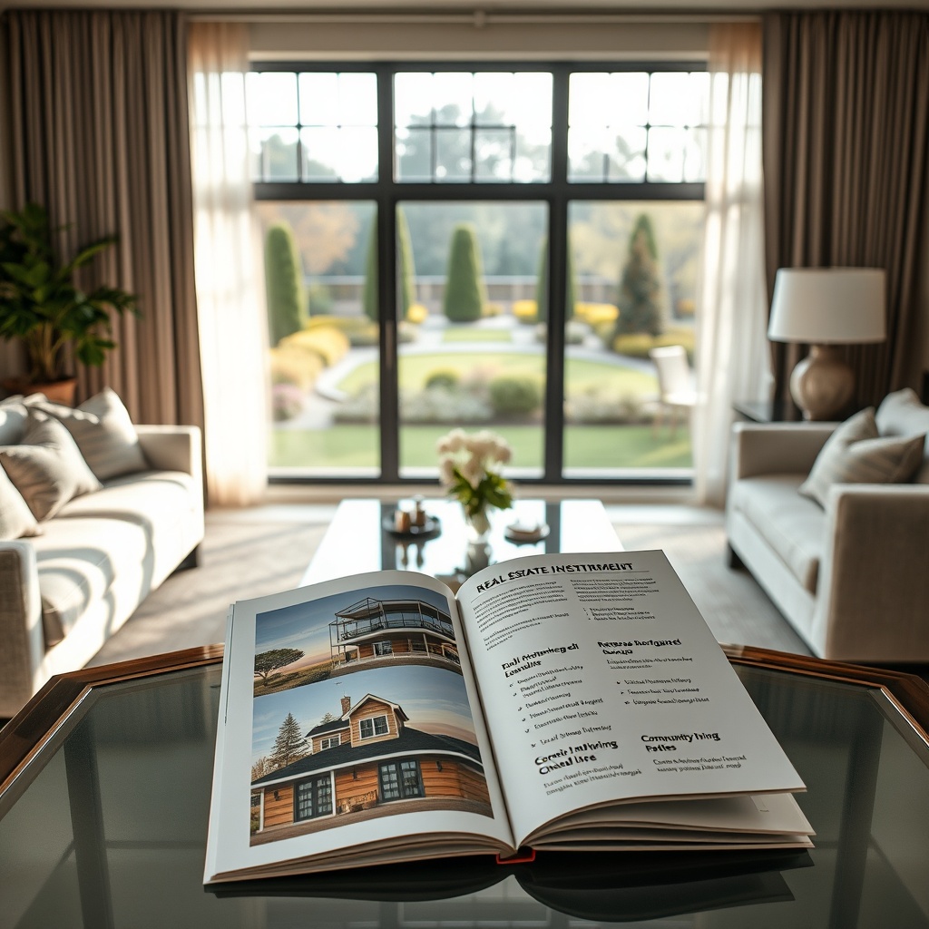 "A serene, upscale living room inside a comfortable retirement home, showcasing a subtle blend of modern and classic decor. The room has large windows with views of a peaceful, landscaped garden. Light filters through sheer curtains, creating a soft, warm atmosphere. In the foreground, an elegant coffee table displays an open brochure illustrating various real estate investment opportunities tailored to retirees, such as reverse mortgages, downsizing options, and community living benefits. The space conveys a sense of financial security and relaxed, luxurious retirement living, appealing directly to retirees and their families."