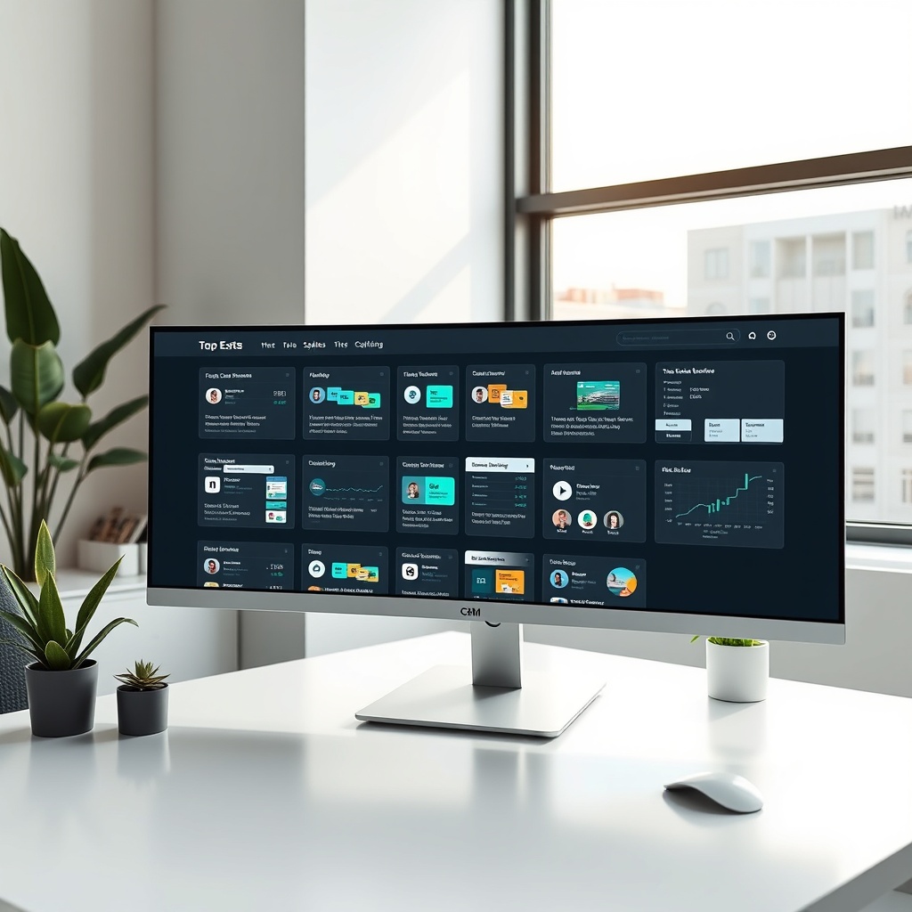 "A sleek, modern workspace featuring a high-resolution computer monitor displaying a list of top free CRM software interfaces, tailored for real estate management in 2025. The computer is placed on a minimalist desk with subtle touches of green from plant decorations, reflecting a modern, efficient office environment. Each CRM interface includes unique icons and features like client profiles, interaction timelines, and property portfolios, visually highlighting their usability and real estate focus. The scene is well-lit with natural light streaming through a large window beside the desk, conveying a productive and futuristic atmosphere."