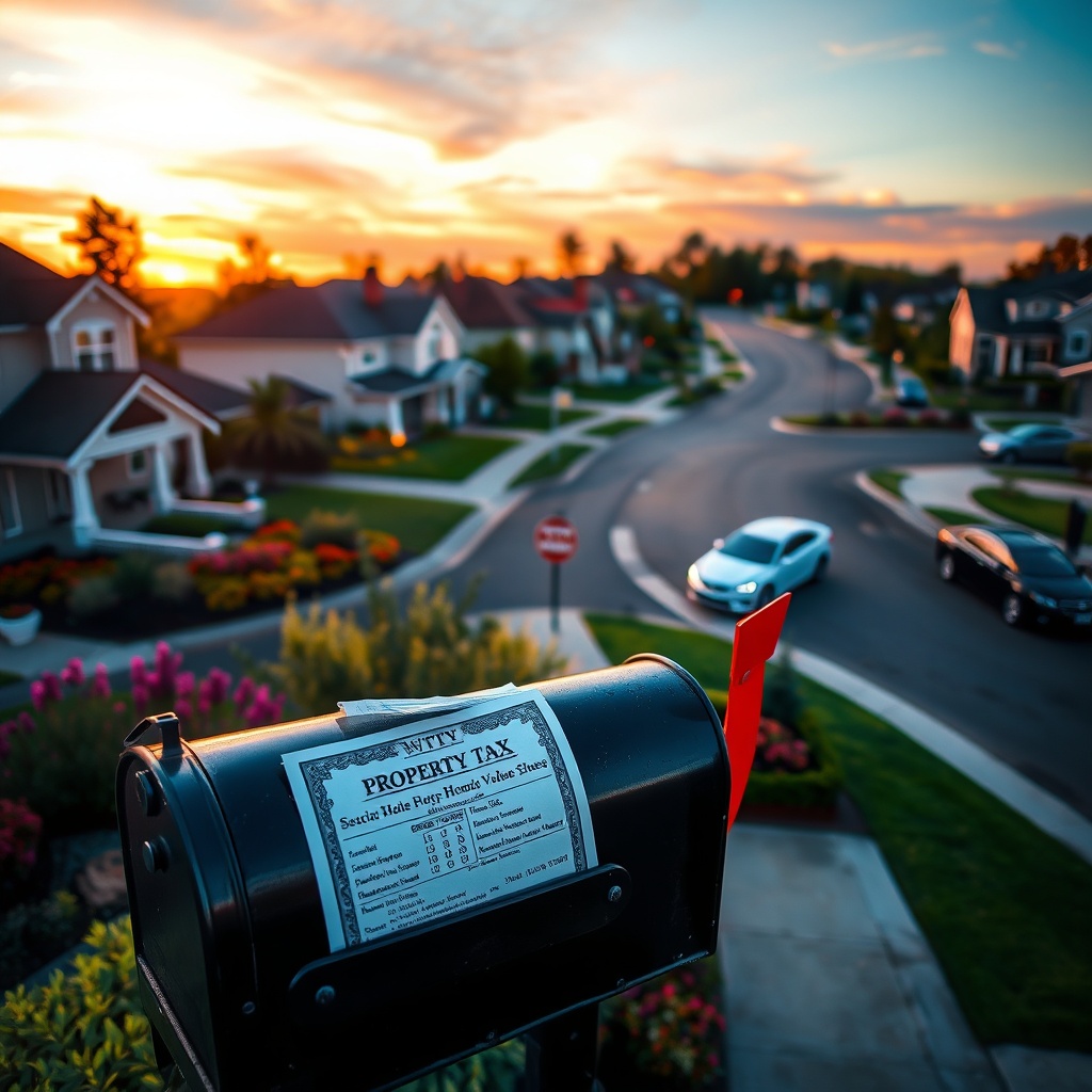 "A tranquil suburban neighborhood at sunset, showcasing a variety of well-maintained homes with rising property values. In the foreground, a visibly detailed mailbox bears property tax notices, subtly indicating their increase without using text. The background features a serene street with flourishing gardens and modern cars, conveying a prosperous community. This scene epitomizes the topic of soaring property taxes linked to rising home values in a realistic, relatable, and visually engaging manner."
