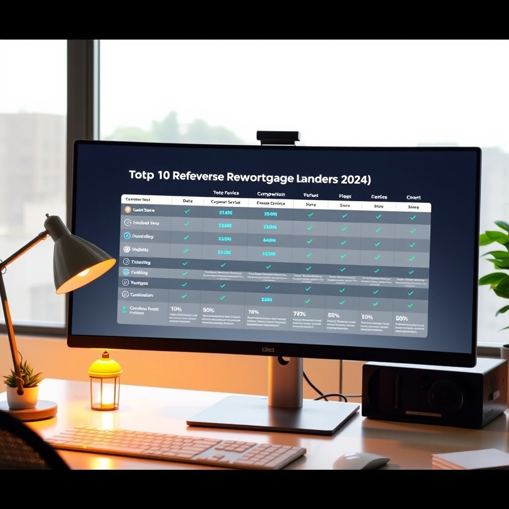 "A sleek, modern workspace featuring a large, high-resolution monitor displaying a comparison chart of the top 10 reverse mortgage lenders of 2024. The chart is visually detailed with icons representing different strengths such as customer service, innovative technology, and flexibility. Surrounding the monitor are subtle decorative elements like a small plant and a stylish lamp, casting a warm glow, emphasizing a sense of thoughtful and informed financial planning. The background portrays a serene, professional home office environment suggesting reliability and trustworthiness in financial decisions."