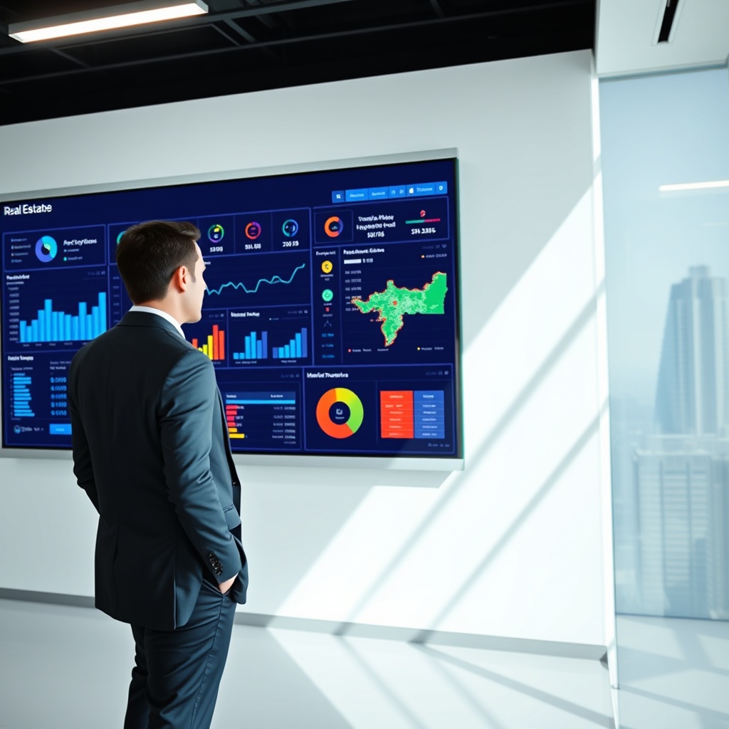 "A sleek, high-tech office space showing a large digital screen on a wall displaying a dynamic real estate analytics dashboard. The dashboard showcases various data-driven strategies with graphs and geographical heat maps indicating market trends and investor hotspots. The foreground features a professional-looking real estate agent, dressed in business attire, analyzing the data intently. The room is well-lit and modern, embodying a vibe of sophistication and strategic thinking."