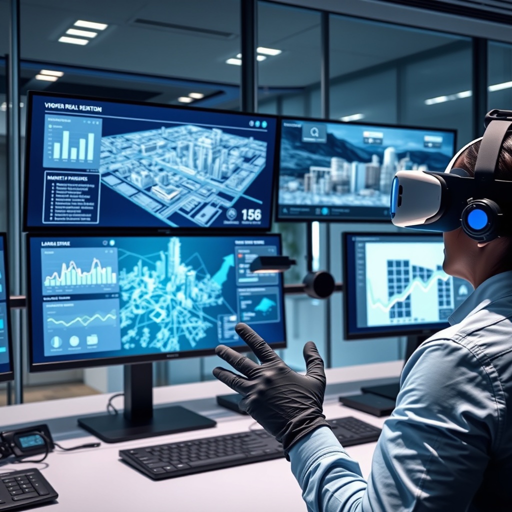 "A sleek, high-tech command center with multiple screens displaying advanced real estate software tools. One screen features a 3D interactive map of a city, where properties are dynamically highlighted based on various tech-driven analytics like market trends and demographic insights. Another screen shows a virtual reality headset and gloves, implying the use of VR tours in property viewing. The setting is a modern, well-lit office with glass walls and minimalist decor, emphasizing a futuristic and innovative approach to real estate."