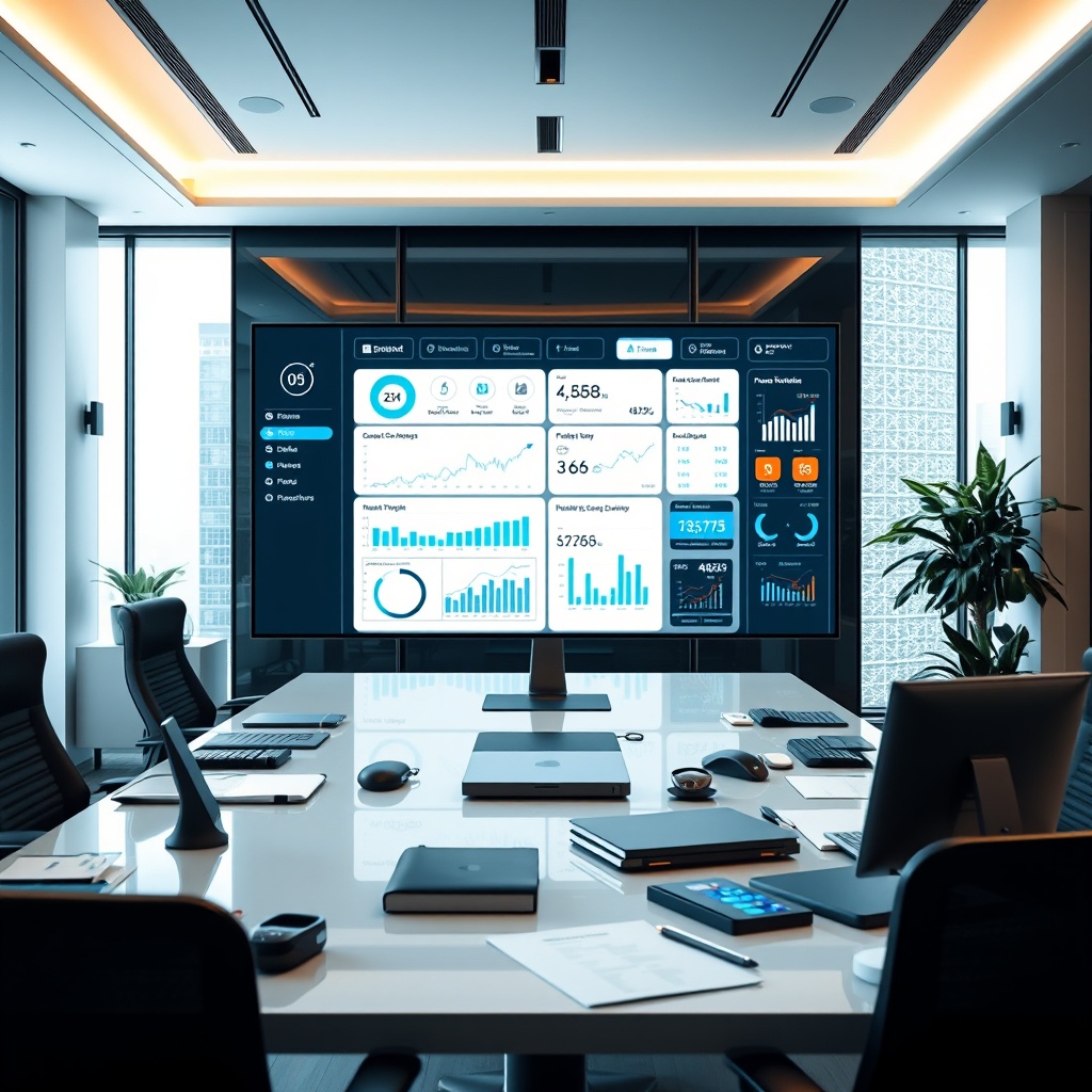 "An elegant, modern real estate office environment with a focused atmosphere. In the foreground, a large, sleek, digital display showcases a real-time analytics dashboard, emphasizing fast commission processing and data-driven decision-making tools. The screen displays graphs and stats about market trends and financial forecasts. Around the workspace are visible high-tech gadgets and documents, portraying a setting of efficiency and advanced technology, ideal for real estate professionals looking for quick and reliable solutions."