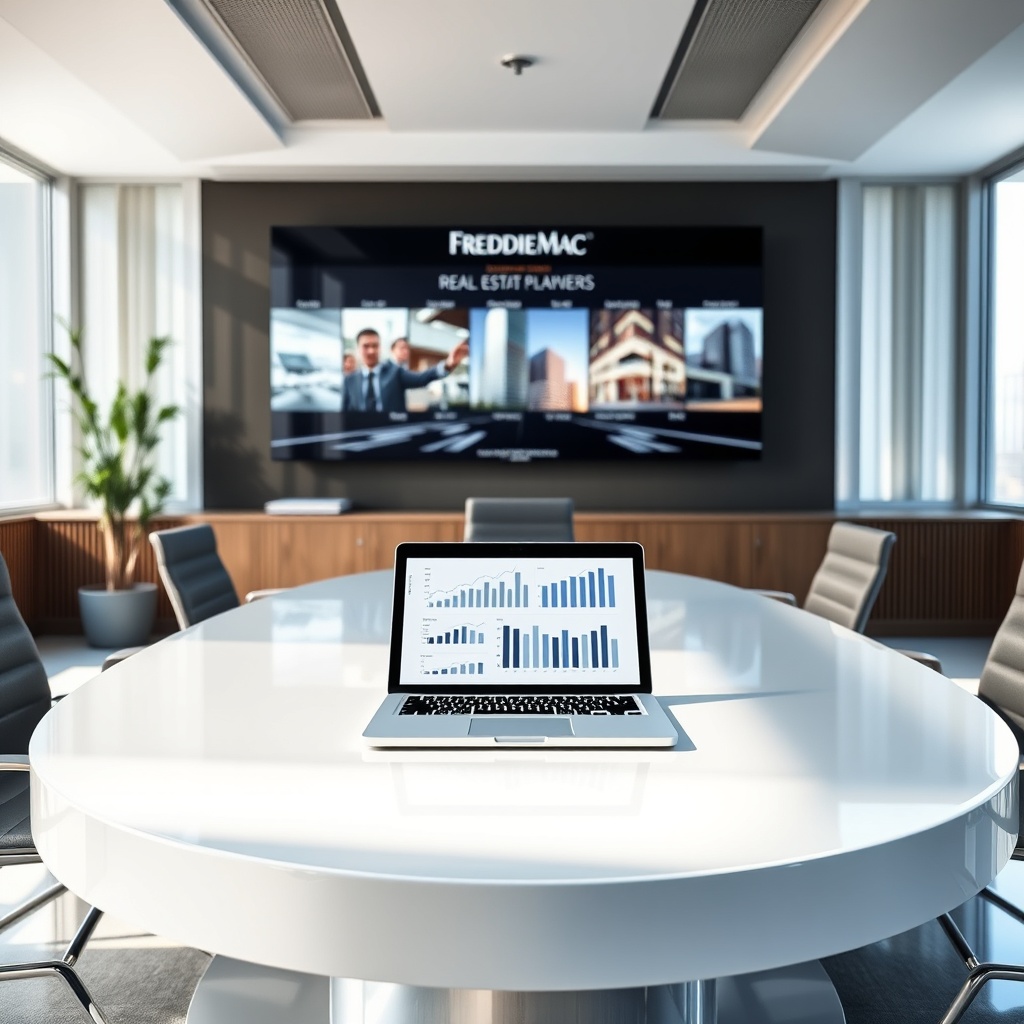 "A pristine corporate office space designed in a minimalist style, focusing on a prominent, glossy round table on which a high-quality, open laptop displays data analytics and graphs. In the background, subtle images are visible on a wall-mounted digital display showcasing various real estate projects attributed to Freddie Mac. The office is elegantly lit with natural light streaming through large windows, complementing the modern, professional atmosphere that suggests strategic thinking and cutting-edge real estate solutions."