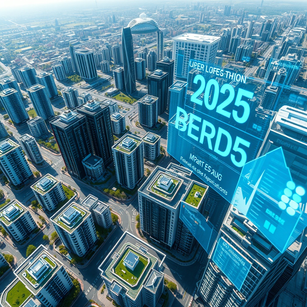 "A visually compelling image featuring a futuristic smart city from a bird's-eye view. The city is dotted with high-tech residential and commercial buildings equipped with solar roofs and green spaces. In the foreground, a transparent holographic display shows dynamic, real-time data analytics specifically tailored for real estate trends in 2025, including demographic changes, market predictions, and property values. This scene portrays advanced urban planning and reflects a highly efficient, data-driven real estate market. The style should be ultra-realistic with focus on modern architectural designs and cutting-edge technology, conveying a forward-thinking and innovative attitude suitable for real estate professionals."