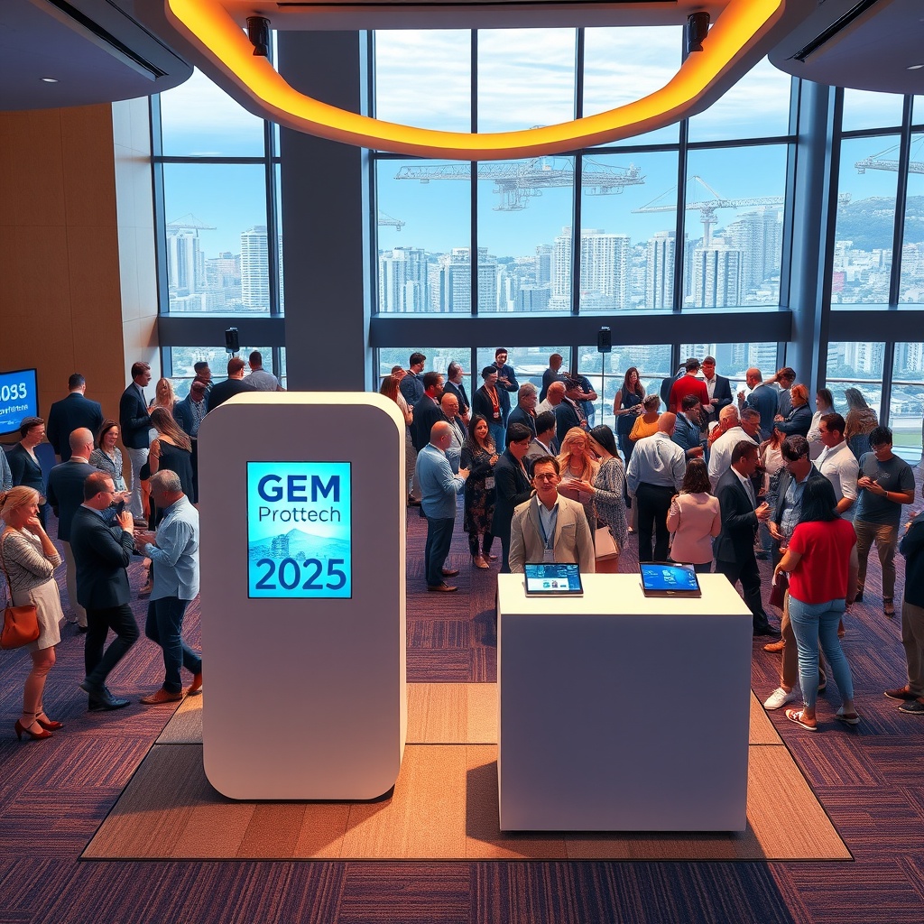 "A vibrant and engaging scene depicting the ambiance of the GEM Proptech Getaway 2025 event set in a stylish conference hall. The foreground features a sleek, minimalist registration booth labeled 'GEM Proptech 2025' with high-tech digital displays, showcasing interactive real estate technologies. The background buzzes with a diverse group of real estate professionals networking, discussing, and demonstrating cutting-edge property technologies. The setting is enhanced by panoramic windows revealing a scenic coastal city backdrop, simulating optimism and future-focused energy. This setup underlines the theme of innovation within the real estate sector."