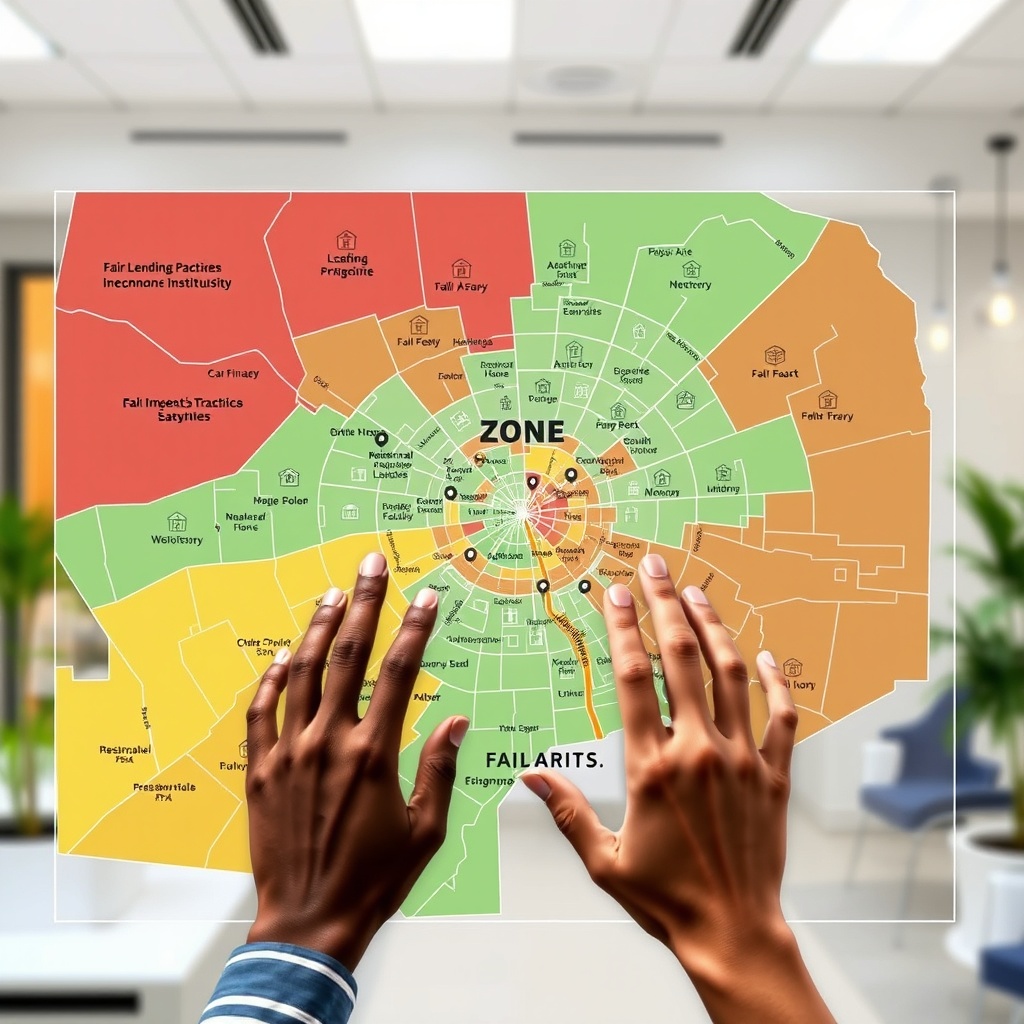 "An image depicting an interactive digital map split into various city zones, showing a clear color gradient from red to green representing different areas based on fair lending practices and economic diversity. Each zone includes subtle icons indicating residential homes, community facilities, and financial institutions. The foreground features a transparent, touch-enabled screen where diverse hands (African, Caucasian, Asian) are navigating the map. The setting is a well-lit, modern urban planning office, conveying a theme of inclusivity, transparency, and progress in real estate practices."
