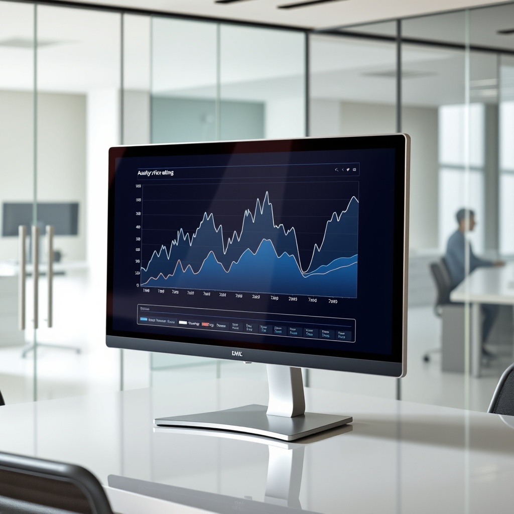 "A sleek, modern workspace featuring a large, high-resolution monitor displaying dynamic charts and graphs analyzing home price trends over time. The background shows a sophisticated real estate office environment with glass walls and minimalist furniture, reflecting a professional and informed atmosphere. The focus of the monitor is a detailed interactive graph, perhaps a line graph with peaks and troughs, illustrating changes in home prices regionally or nationally, with subtle color differences indicating different areas or time periods. This professional setting emphasizes the analytical and trend-focused nature of the blog content, appealing to real estate professionals seeking to leverage data for strategic decision-making."