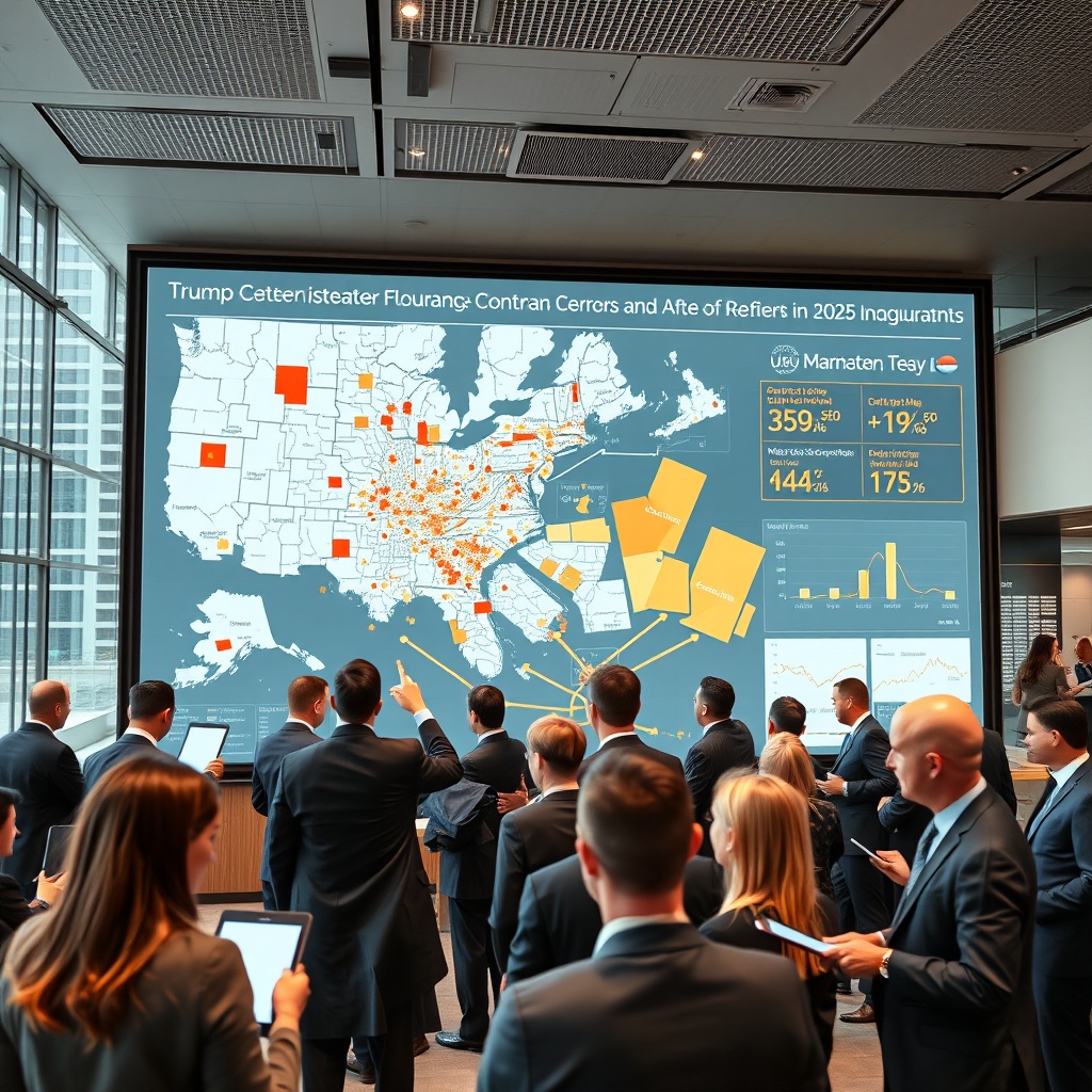 "A high-resolution image depicting a bustling, upscale real estate office with a large digital display showing an interactive map of a major US city's real estate market fluctuations before and after the announcement of Trump's 2025 inauguration. The map should feature highlighted areas that have either surged or declined in property value. Interspersed among real estate agents in business suits, who are discussing over tablets and pointing at the data displayed, giving the scene a dynamic and busy atmosphere. The style should be realistic, emphasizing professionalism and a serious business environment."