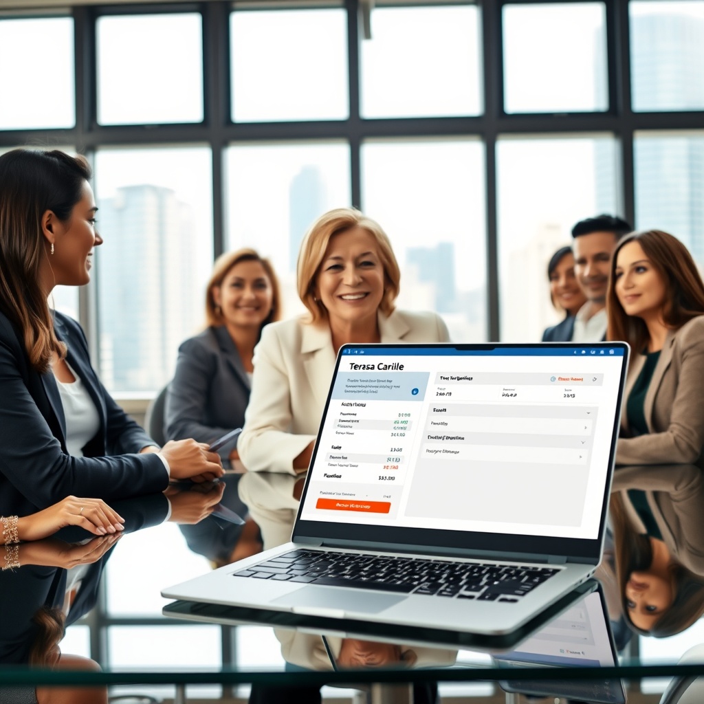 "An office setting where Teresa Carlile, a middle-aged professional woman with a confident expression, is leading a meeting with a diverse team of colleagues. The background features large windows overlooking a cityscape, symbolizing progress and opportunity. On the glass table, a sleek laptop displays a dynamic, digital mortgage application interface, indicating modernization. The overall ambiance is sophisticated and welcoming, aimed at conveying a sense of trust and innovation in the mortgage industry."