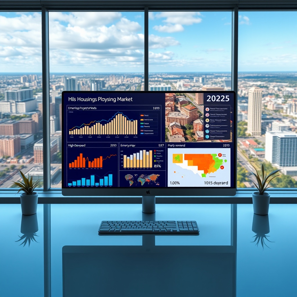 "A sophisticated and inviting office setup showcasing a sleek, modern desktop monitor displaying digital graphs and data analytics for the Illinois housing market in 2025. The background features a panoramic view of a blend of urban and suburban Illinois landscapes, highlighting emerging property hotspots. Essential elements include charts showing housing price trends over time, a heatmap of high-demand areas, and icons indicating new development opportunities. The overall atmosphere is bright and professional, reflecting a forward-thinking approach to real estate investment."