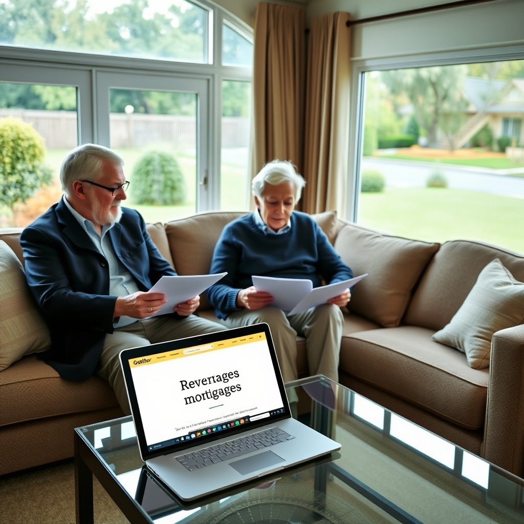 "A serene living room scene featuring a senior couple in their 70s, sitting comfortably and discussing documents with a financial advisor. The room is well-decorated, symbolizing a stable and affluent lifestyle, with a large window overlooking a peaceful garden. On the coffee table, there's a laptop open to a webpage titled 'Reverse Mortgage Benefits.' The environment conveys trust, security, and the wisdom of age, suited to appeal to older homeowners interested in financial solutions."
