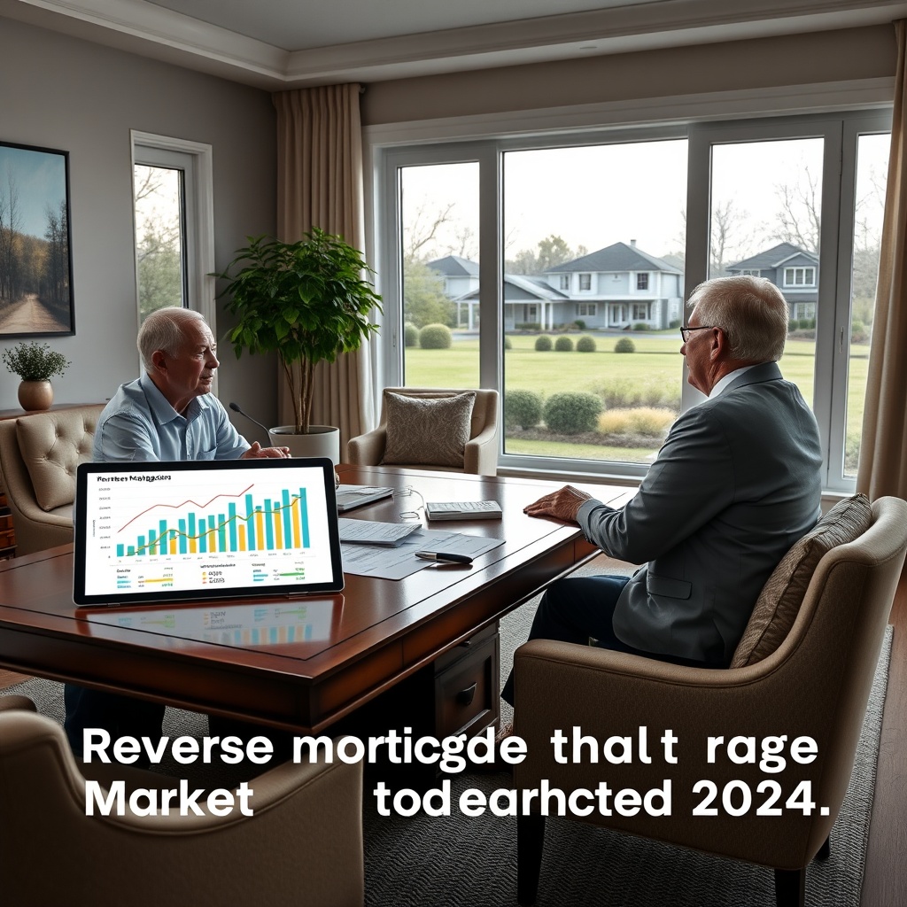 "A contemporary home office setting featuring a financial advisor discussing options with a senior couple, symbolizing a consultation on reverse mortgages. The office is elegantly furnished with a large desk, comfortable chairs, and a large window showing a serene suburban neighborhood in the background. On the desk, there are financial charts and a digital tablet displaying dynamic graphs and statistics about the reverse mortgage market trends for 2024. The atmosphere is calm and professional, designed to convey trust and expertise in the evolving financial landscape."