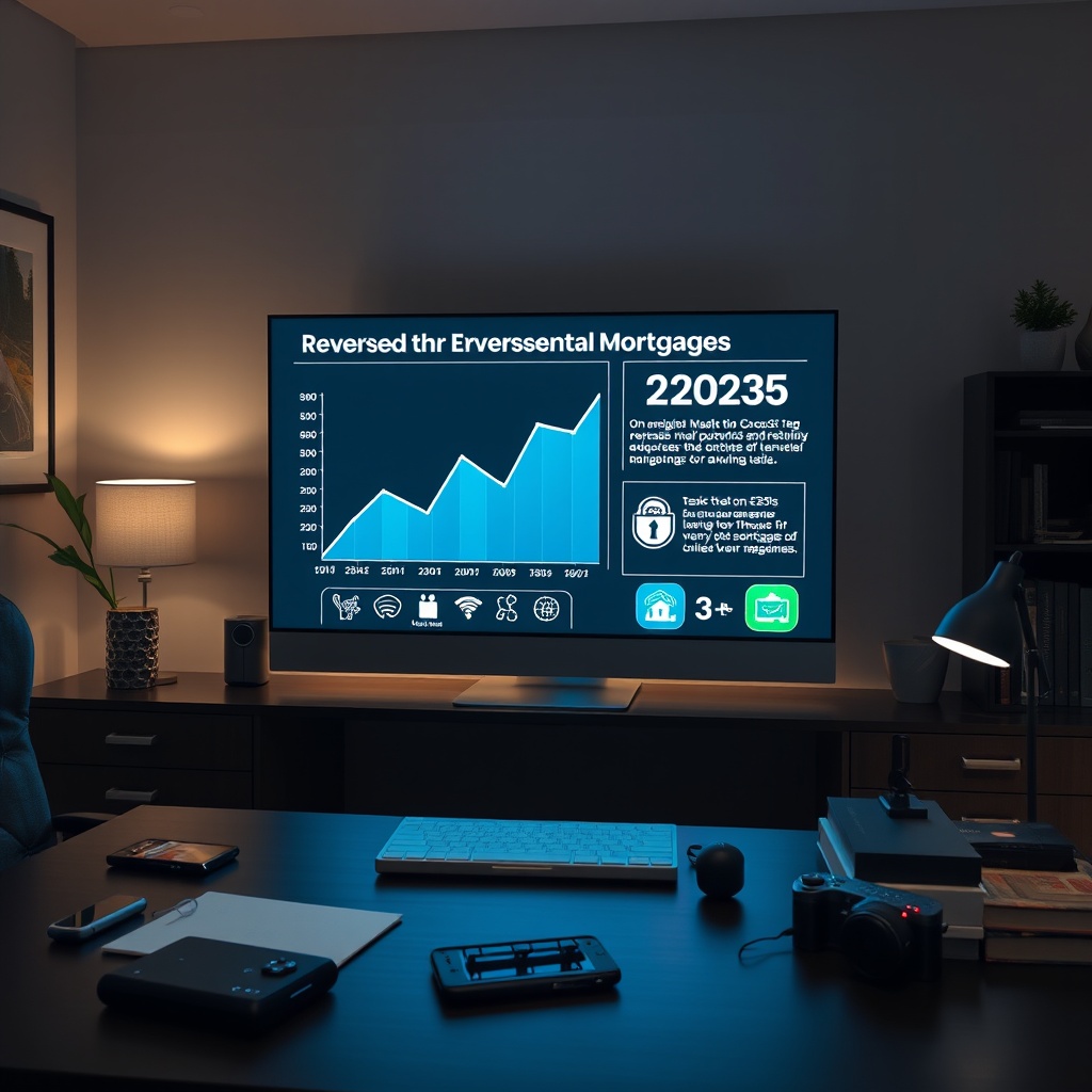 "A modern home office environment showcasing a sleek, digital interactive display illustrating the dynamics of reverse mortgages in 2025. The screen vividly represents a graph projecting growth trends and highlights the latest tech innovations in the sector, like AI-enabled financial advising tools. Surrounding the display are subtle elements indicative of a professional senior homeowner's space, such as sophisticated decor and advanced tech gadgets scattering the desk, creating a blend of traditional richness and futuristic technology."