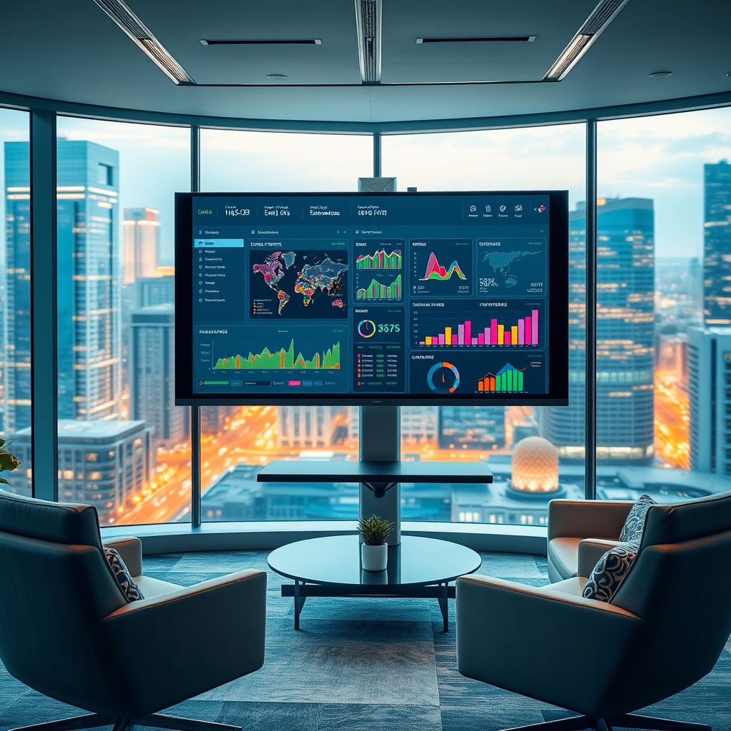 "A cutting-edge real estate office environment, featuring a large, sleek monitor displaying a modern MLS (Multiple Listing Service) interface. The interface includes dynamic, interactive elements like digital maps displaying real-time property statistics, colorful charts, and graphs. Surrounding the monitor, an inviting workspace is vividly depicted with contemporary furnishings, ambient lighting, and a backdrop of a bustling cityscape through the windows, conveying a sense of advancement and industry success."