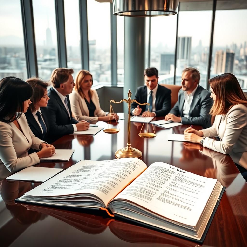 "An elegant conference room setting with a diverse group of real estate professionals engaged in a focused discussion. The center of the table showcases an open, large notebook with visible ethical guidelines and a symbolic balanced scale. The room is warmly lit, conveying transparency and integrity, with glass walls overlooking a serene cityscape, reflecting an atmosphere of reliability and ethical commitment in real estate practices."