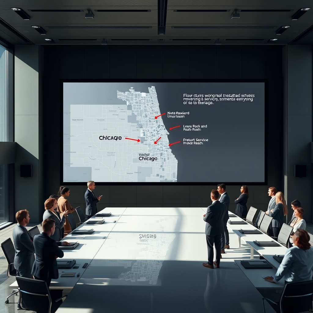 "A sleek, modern conference room showcasing a large digital screen projecting a map of Chicago. The map is animated, gradually merging two large real estate networks into one, highlighting key areas of service expansion around the city. The atmosphere is energetic yet professional, with a diverse group of real estate experts standing and discussing the consolidation, reflecting enhanced services and broader reach. The setting is bathed in natural light, emphasizing a bright future for the merged entity."