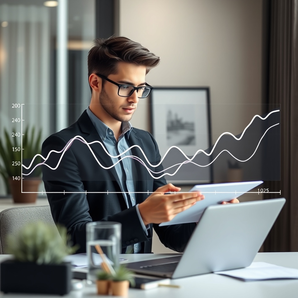 "A stylish and modern office environment featuring a young professional real estate agent analyzing a series of animated line graphs portraying mortgage trends over recent years. The graphs show a fluctuation of mortgage rates, mimicking the concept of navigating through changing conditions. In the background, a minimalist decor highlights a serene and focused workspace, reflecting a commitment to staying ahead in the competitive real estate market. The overall scene conveys a sophisticated mix of technology, analysis, and trend awareness, perfectly suited for a blog about adapting to mortgage trends in real estate for 2025."