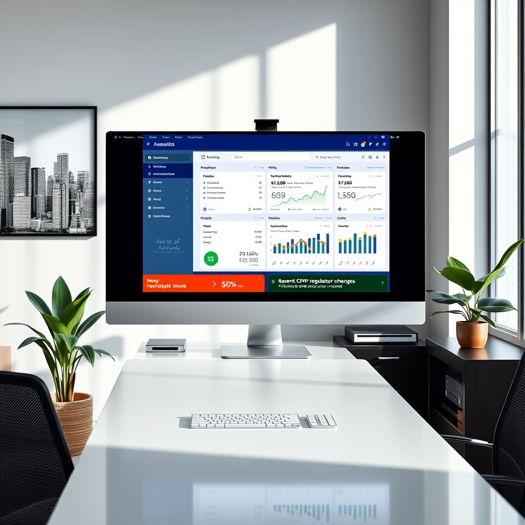 "A sleek, modern office environment featuring a large, high-resolution monitor displaying a dynamic real estate software interface. The software shows various real estate analytics, including a section highlighted for recent CFPB regulatory changes affecting the real estate market. Surrounding the computer, are elegant decor elements suggestive of a successful real estate office, such as a minimalist desk setup, a contemporary wall art of cityscapes, and subtle green plants, all bathed in soft, natural light to evoke an aura of professionalism and forward-thinking."