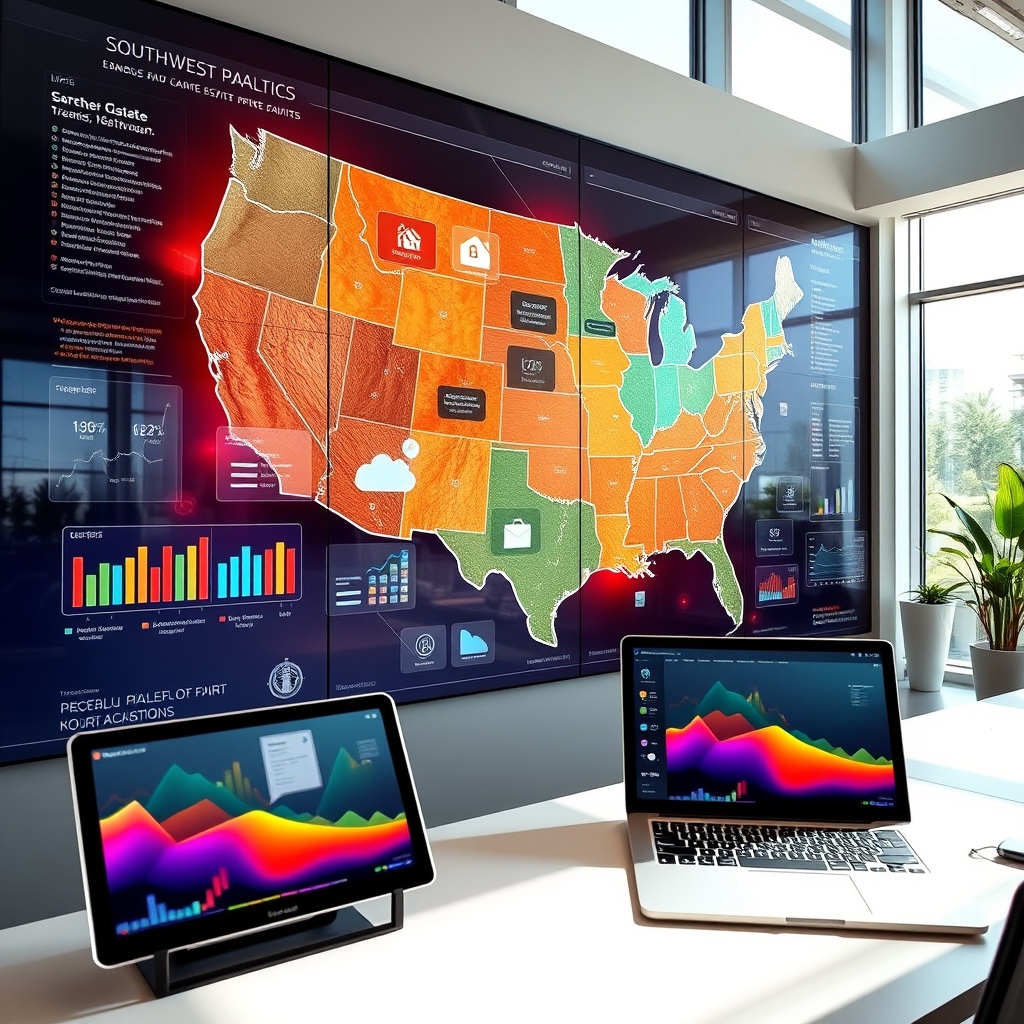 "A vibrant tech-enabled real estate office focusing on the Southwest region, depicted through a large, digital interactive map on a wall. This map showcases various real estate analytics such as demographics, market trends, and price evaluations highlighted with dynamic, colorful graphics. The office setting includes modern furnishings and technology, like tablets and laptops showing data-driven real estate software apps, emphasizing a professional yet innovative atmosphere. The room is filled with natural light, reflecting an energetic and forward-thinking work environment."