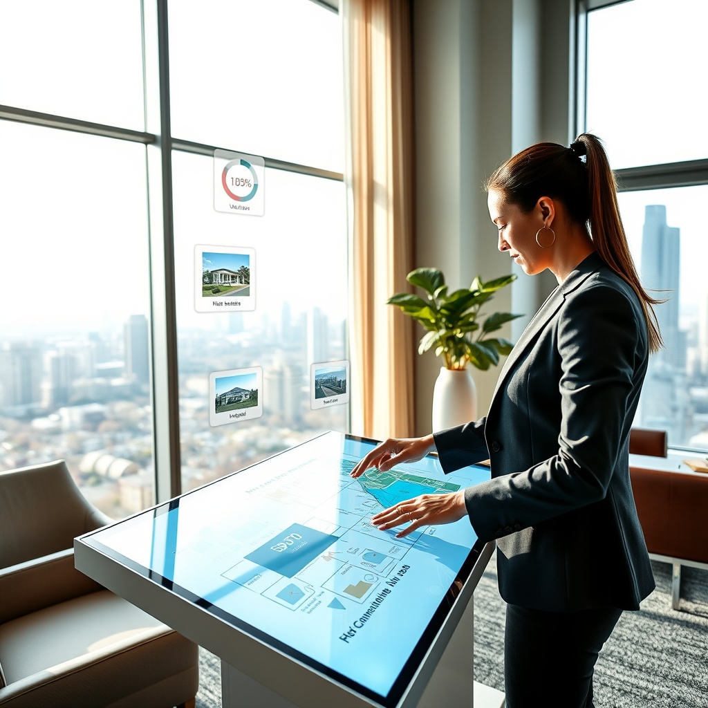 "A dynamic scene showcasing a real estate agent using an ultra-modern touch screen table to interact with innovative listing technology. The screen vividly displays a range of high-tech features including 3D virtual home tours, interactive floor plans, and comprehensive property analytics. Surrounding the agent, a stylish, contemporary real estate office is visible with large windows letting in ample natural light, sleek furnishings, and a view of the city skyline in the distance, emphasizing a cutting-edge and professional environment catered to upscale clients."