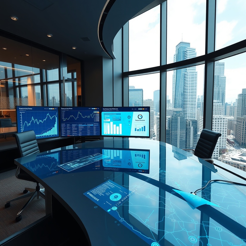 "A cutting-edge real estate investment office featuring an expansive desk with multiple high-tech screens displaying dynamic real estate analytics and investment tools. One screen shows a graph of market trends and another displays a digital map pinpointing investment opportunities in various locations. The office is sleek and professionally decorated with glass walls and a view of a bustling city skyline, embodying a blend of modern technology and real estate market sophistication."