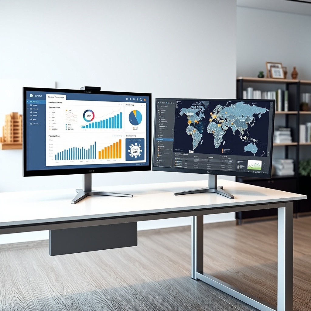 "A sleek, high-tech workspace featuring a dual-monitor setup on a clean, modern desk. One screen displays an advanced real estate analytics dashboard, showcasing charts and graphs about market trends and financing options. The other monitor shows an interactive map with dynamic data overlays, pinpointing various real estate investments and funding sources. The background subtly suggests a sophisticated office environment with architectural models and financial books on the shelves, embodying the cutting-edge in real estate technology and innovation."