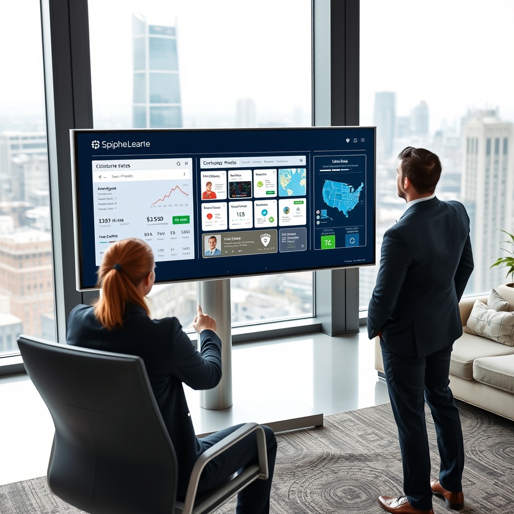 "A sleek, modern work environment featuring a dynamic real estate agent interacting with the Sphere LOS technology on a high-tech touchscreen panel. The screen prominently displays a user-friendly dashboard with UWM integration, showing a live update of mortgage rates, client profiles, and interactive real estate maps. The room is well-lit, with contemporary furniture and large glass windows showcasing a city skyline, emphasizing a sense of cutting-edge technology and success in real estate."