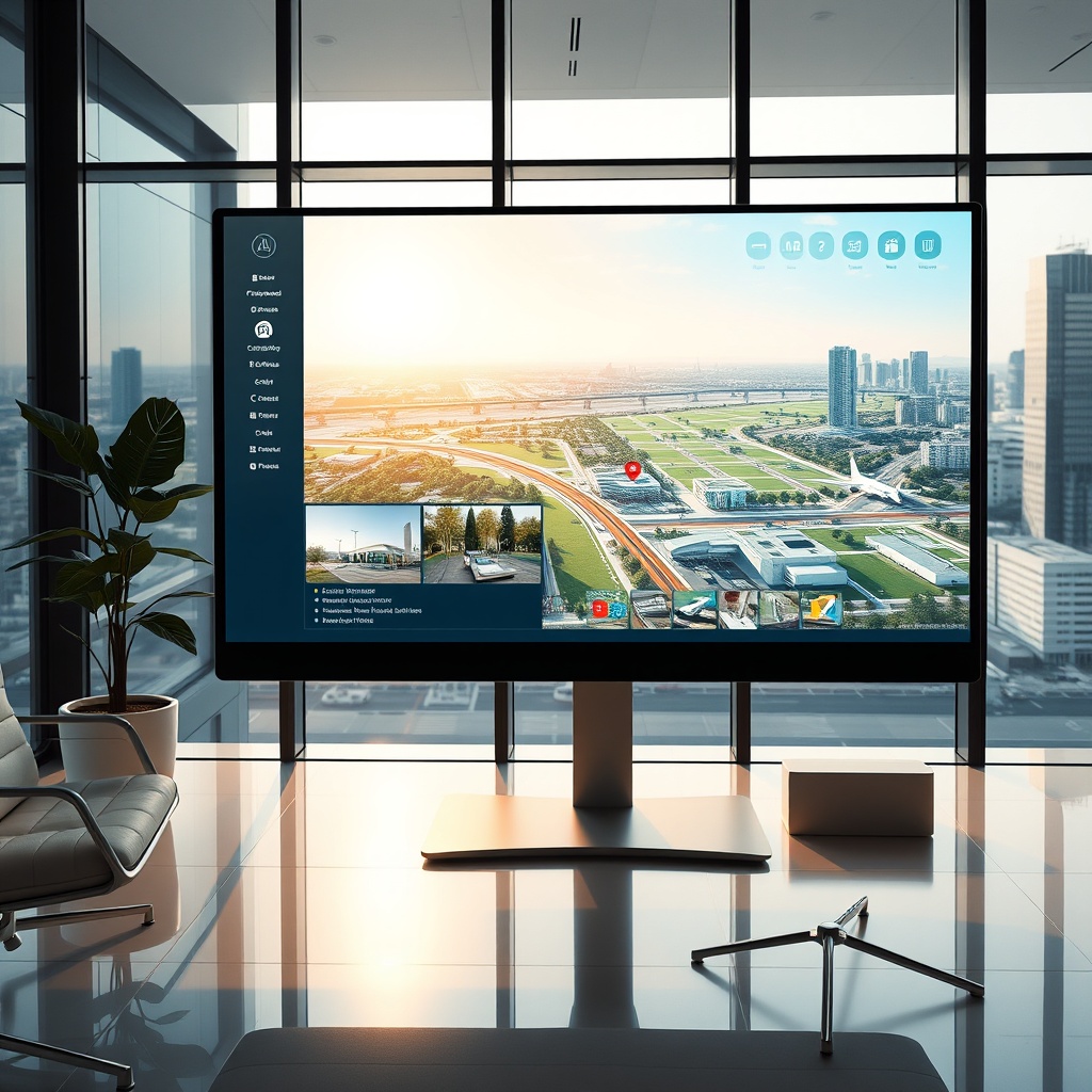 "A sleek, modern workspace showcasing a large monitor displaying an advanced MLS (Multiple Listing Service) user interface. The screen vividly presents properties enhanced by AI technology, with dynamic overlays of enriched location data including parks, shopping centers, and transport links like metro stations and airports. The surroundings reflect a high-tech office environment, with minimalist furniture and a backdrop of large windows, providing a view of a bustling cityscape, symbolizing connectivity and accessibility. The entire setup exudes a clean, professional, and futuristic look appealing to real estate professionals."