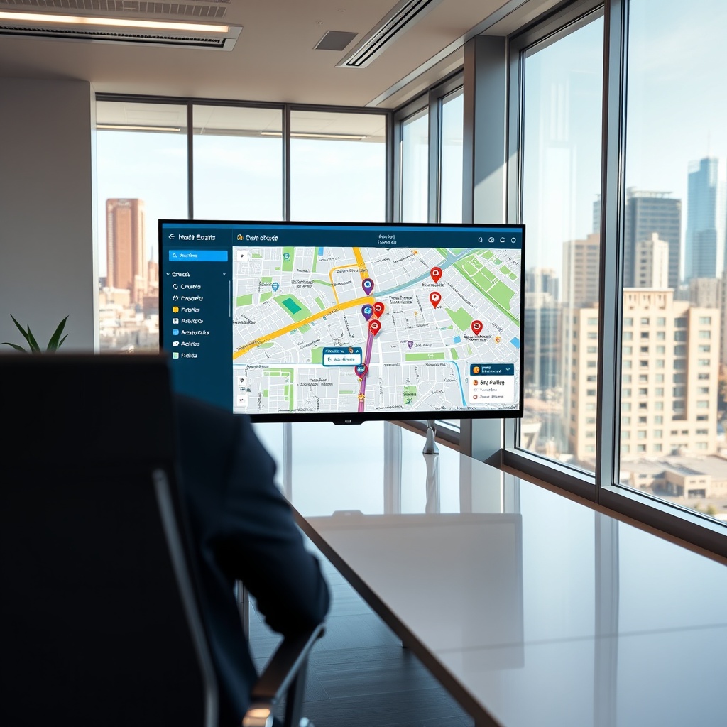 "A dynamic and visually engaging real image setting showcasing a vibrant dashboard interface on a high-resolution monitor in a sleek, modern real estate office. The dashboard displays a detailed city map rich with interactive icons for schools, bus stops, and real estate properties. Each property is enhanced with tags showing unique amenities and accessible transportation options, emphasizing the innovative use of enriched location data in real estate. The office has floor-to-ceiling windows with views of the cityscape outside, reflecting the connection between the digital data and the real-world applications it influences. This setting portrays a professional yet inviting atmosphere, ideal for real estate professionals and investors."