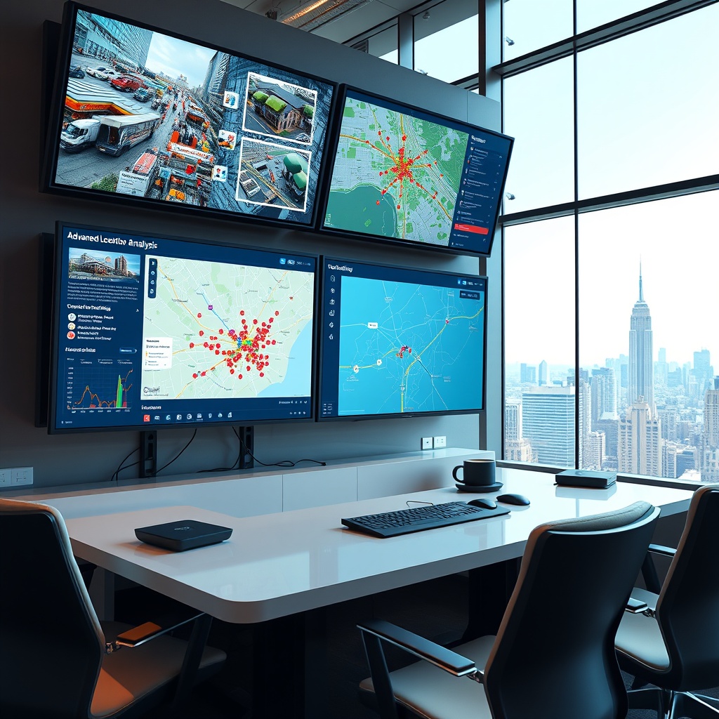 "A sleek, high-tech command center showcasing multiple vibrant screens depicting advanced location data analysis for real estate. One screen features a dynamic, detailed map pinpointing properties, schools, and transportation hubs with colorful icons. The setting is a modern, well-lit office space with contemporary furniture and large windows overlooking a bustling cityscape, symbolizing connectivity and forward-thinking in the real estate industry."