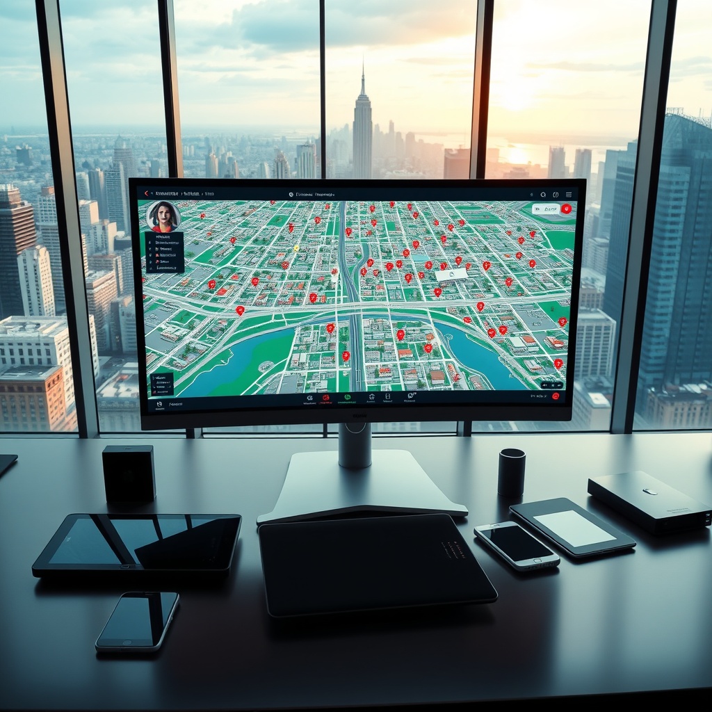 "A sleek, modern workspace with a large, high-resolution monitor displaying an advanced real estate platform interface. The screen showcases an interactive city map, densely populated with vibrant icons representing properties, schools, bus stops, and other amenities. Around the monitor, sophisticated technology gadgets like tablets and smartphones hint at connectivity and real-time updates. The backdrop features a panoramic window with a view of a bustling urban skyline, symbolizing opportunity and growth in urban real estate. The setting conveys a sense of professionalism, modernity, and the cutting-edge nature of AI-powered real estate tools."