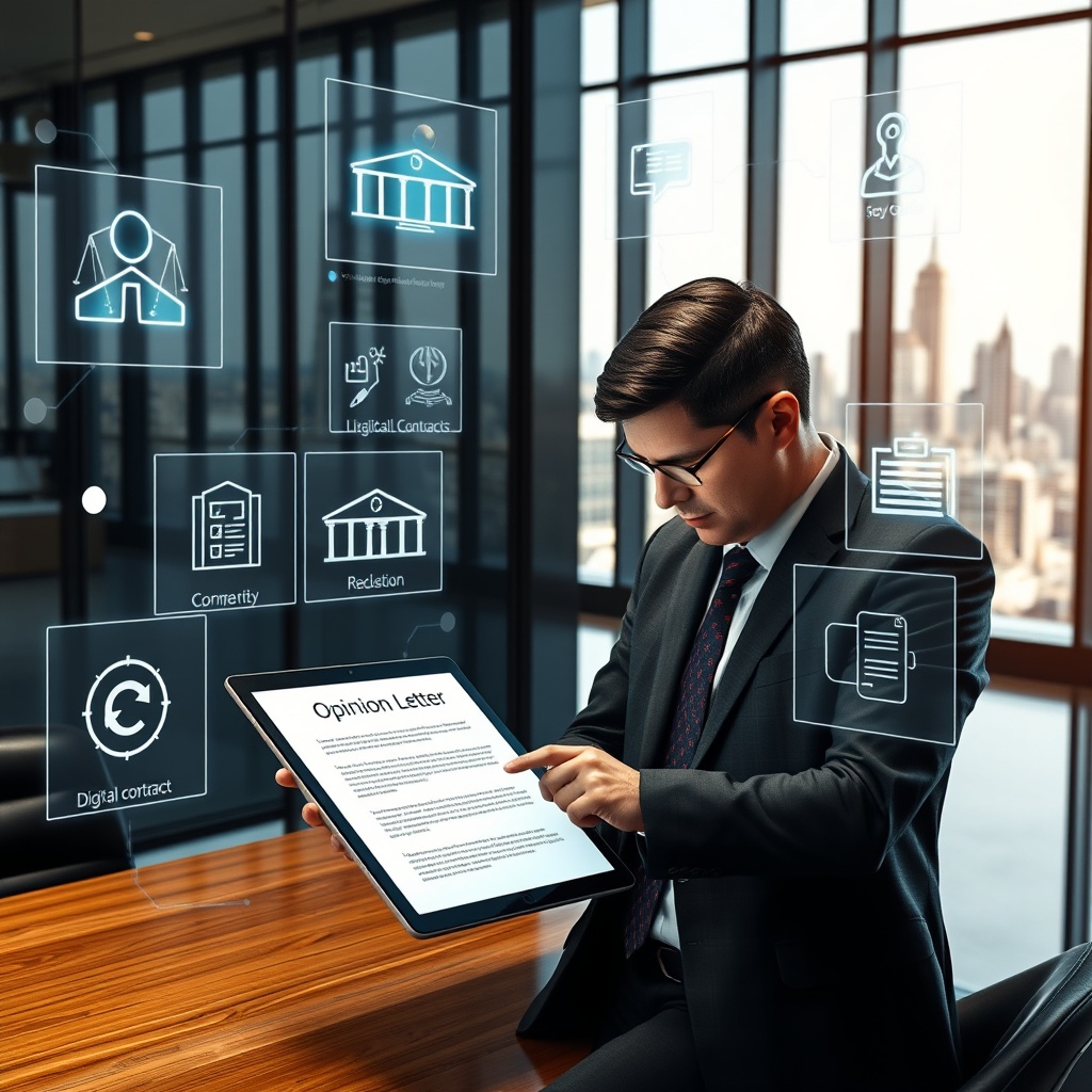 "A refined, high-tech workspace featuring an attorney reviewing a digital Opinion Letter on a sleek, modern tablet. Surrounding the attorney are transparent holographic screens displaying various technological insights relevant to real estate, such as AI tools, blockchain records, and digital contracts. The setting is a stylish law office with glass walls and a view of a city skyline, encapsulating a blend of law and cutting-edge technology in real estate. The scene conveys a sophisticated, futuristic, and professional environment."