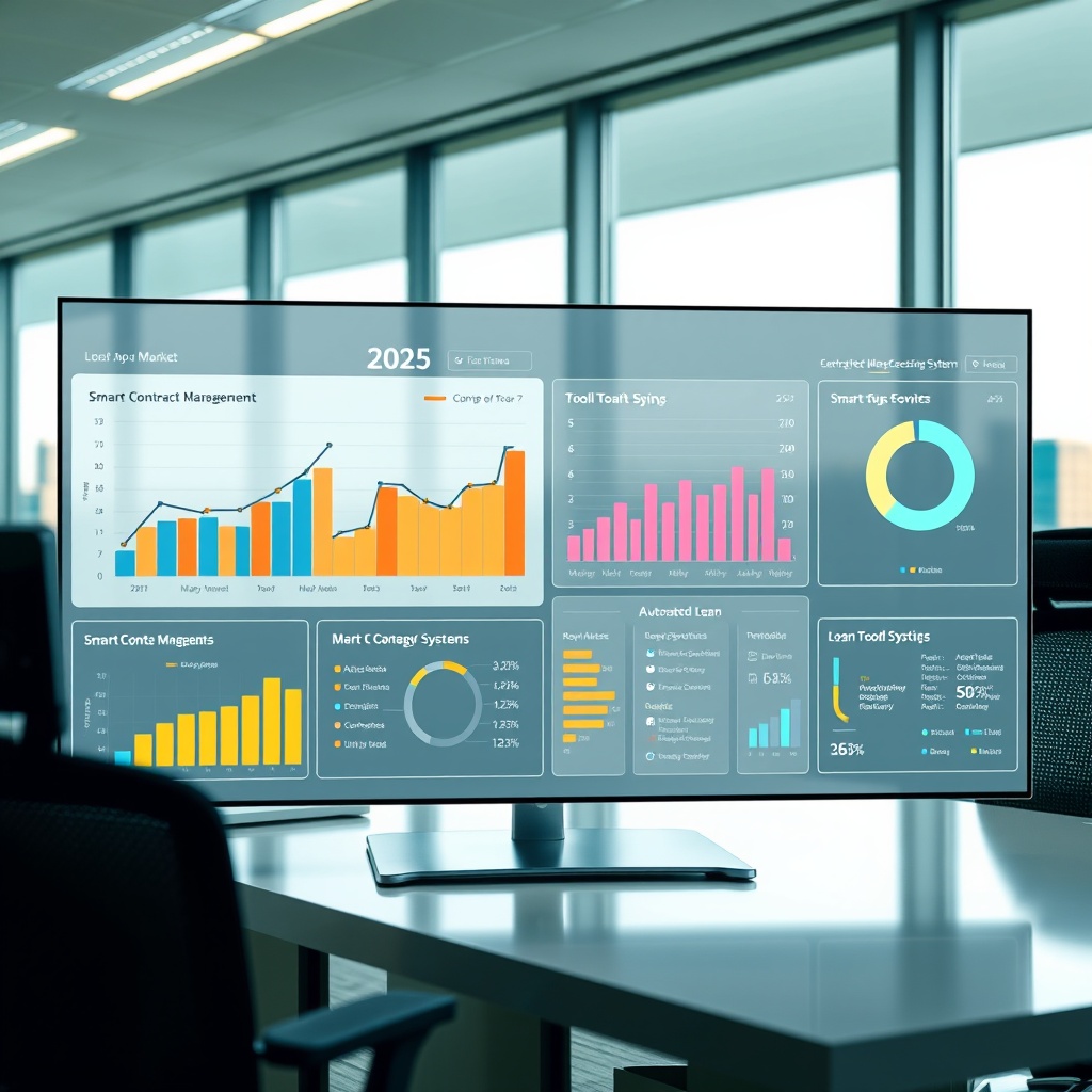 dashboard features interactive charts and graphs showing market trends and predictions for 2025, along with tools for smart contract management and automated loan processing systems. The office background is well-lit, with a large window overlooking a city skyline, depicting a blend of technology and modern finance. The setup conveys a sense of innovation, growth, and cutting-edge technology in the mortgage industry, targeting professionals and industry leaders."