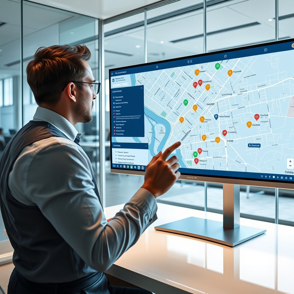 "A sleek and sophisticated business environment depicting a professional engaged in analyzing a real-time digital map on a large monitor. The map showcases diverse geographical data points including residential zones, commercial areas, and highlighted spots indicating amenities like schools, bus stops, and community centers. This modern office space is designed with glass walls and contemporary furnishings, emitting a vibe of cutting-edge technology and strategic insights, suitable for real estate professionals and developers."
