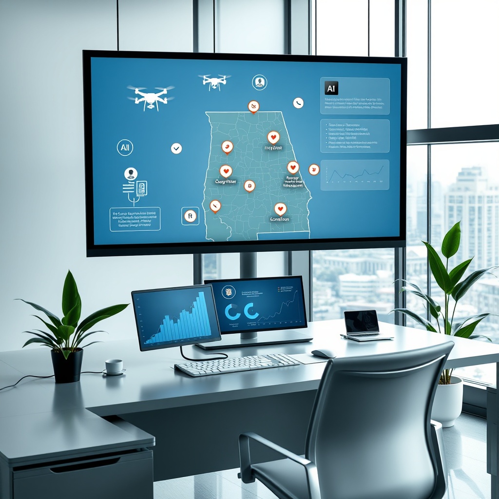 "A sophisticated workspace showcasing a large, high-resolution monitor displaying a digital map of Alabama, highlighted with various tech icons like drones, AI algorithms, and compliance check marks over specific properties. The desk is modern with sleek, minimalistic design elements, and there's another screen showing dynamic graphs and compliance trend analytics. The office space is well-lit, featuring green plant accents and glass windows overlooking an urban landscape, embodying a fusion of technology and regulatory savvy in real estate development."