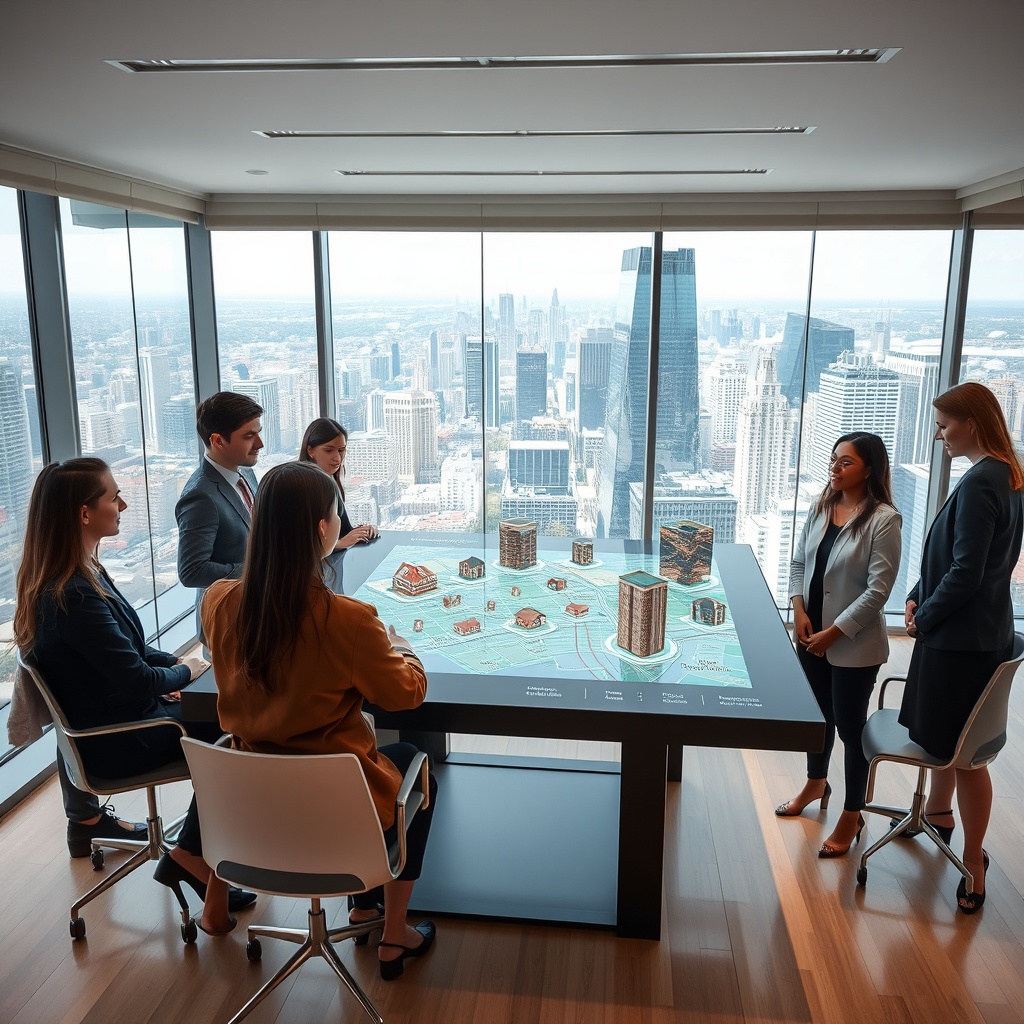 "A clean and modern work environment featuring a young, diverse group of professionals gathered around a high-tech digital table displaying an interactive real estate map. The map shows various properties highlighted with advanced tech features like AR overlays of building regulations and zoning changes. The room has glass walls providing a panoramic view of a bustling cityscape outside, symbolizing the intersection of real estate, technology, and urban development. The scene exudes professionalism and forward-thinking in the real estate industry."