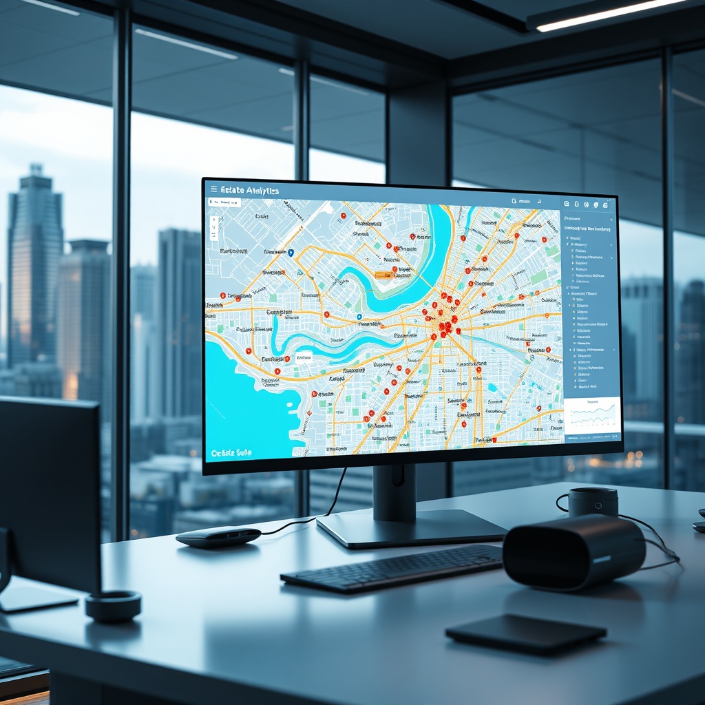 "A sleek, modern workspace featuring a large, high-resolution monitor displaying an interactive real estate analytics platform. The screen shows a vibrant and detailed city map, densely populated with dynamic data points and overlays indicating real estate trends, property values, and demography enhancements such as age distribution and income levels. The workspace includes a minimalist desk with futuristic gadgets and a clear glass wall showing a bustling cityscape outside, conveying a connection between technology and urban development. The ambiance reflects a sophisticated and high-tech environment appealing to real estate professionals and tech-savvy investors."