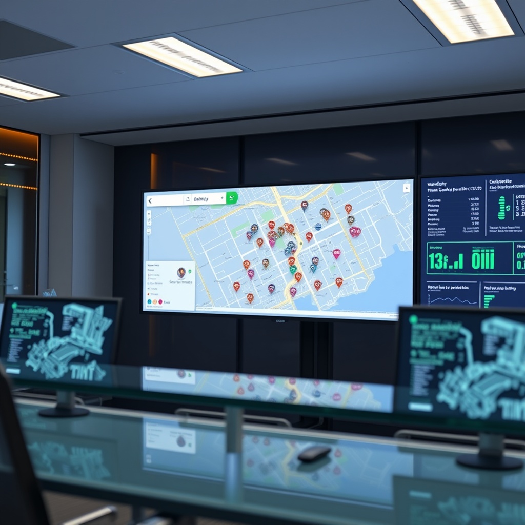 "A sleek, high-tech command center with multiple screens displaying dynamic maps and data analytics for multifamily real estate development. One prominent screen shows a detailed, vibrant map pinpointing various multifamily properties marked with colorful icons differentiating amenities like gyms, pools, and parking areas. The surroundings reflect a modern office environment aimed at real estate professionals, characterized by a minimalist design with glass surfaces and ambient, sophisticated lighting, emphasizing a focus on innovation and strategic planning in real estate."