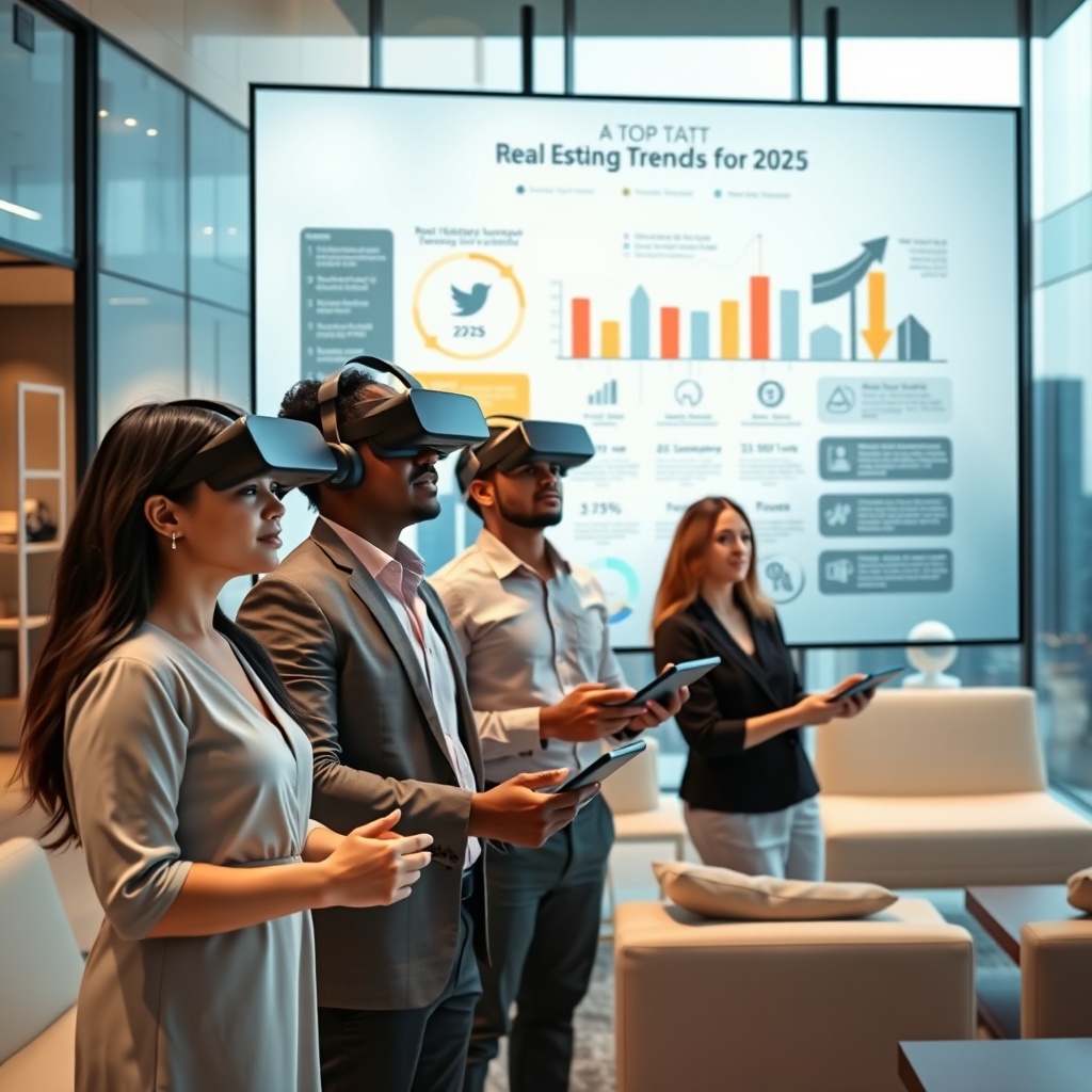 "An ultra-modern office setting with a large, sleek digital display showcasing a dynamic infographic of the top real estate marketing trends for 2025. The foreground features a group of diverse professionals (Asian woman, Black man, Caucasian woman) engaging actively with virtual reality headsets and interactive digital tablets. The office is stylish with glass walls, minimalist furniture, and views of a high-tech city skyline, symbolizing cutting-edge innovation in real estate technology."
