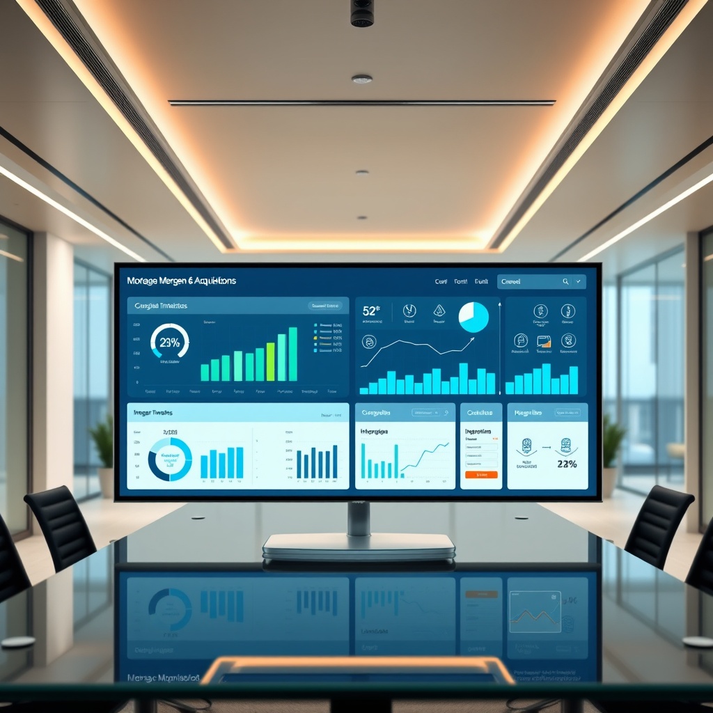 "A modern office setting with a large, sleek monitor displaying a dynamic dashboard that shows various metrics and graphs related to mortgage mergers and acquisitions. The background features a spacious corporate boardroom with a glass table and high-tech ambiance. The dashboard includes elements like financial charts, integration timelines, and tech innovation symbols like cloud computing and AI icons. The room is well-lit with contemporary lighting and minimalistic decor, portraying a sense of cutting-edge professionalism and strategic focus."
