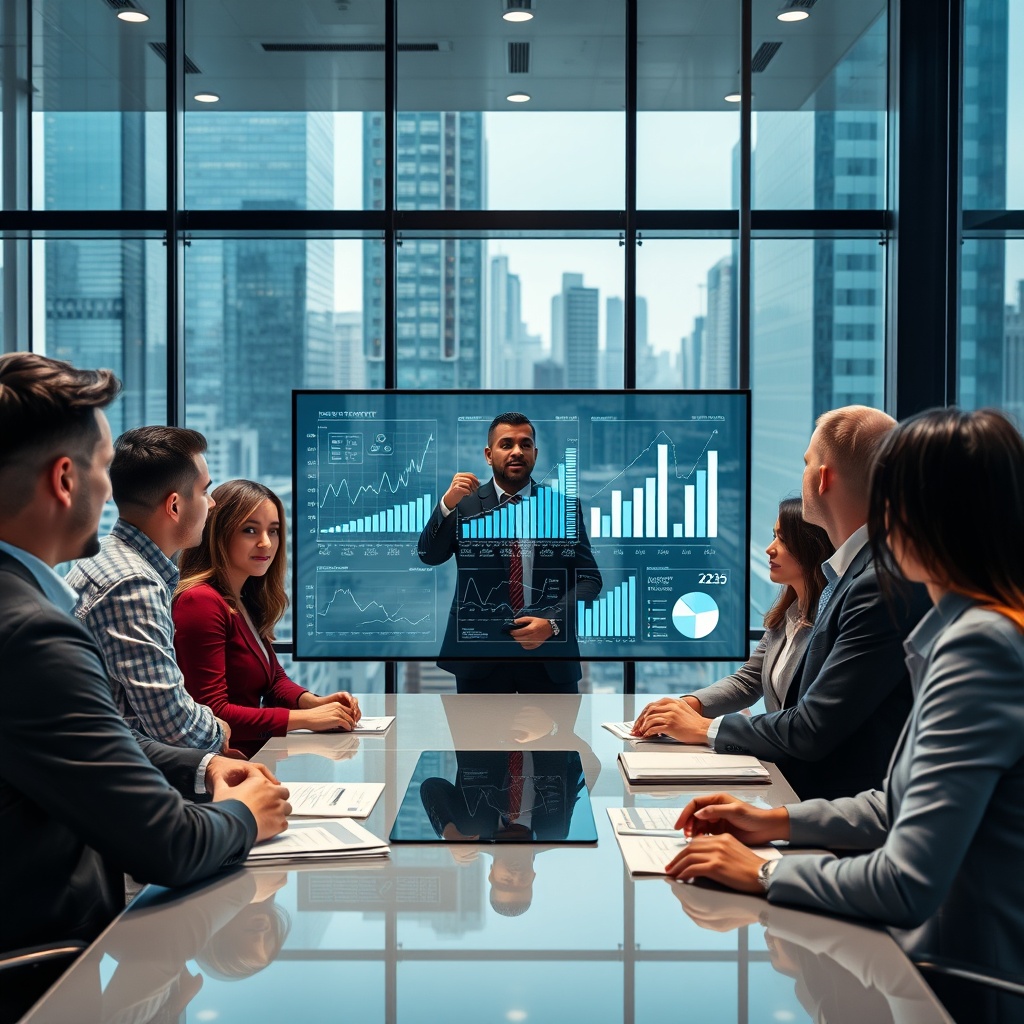 "A sleek, modern corporate office environment featuring a group of diverse real estate professionals engaged in a strategic meeting. The central focus is a large, digital touch screen displaying dynamic graphs and charts showing market trends and growth opportunities. In the background, glass walls reveal a bustling cityscape, emphasizing urban development. The atmosphere is energetic and forward-thinking, reflecting innovation in real estate strategies for 2025."