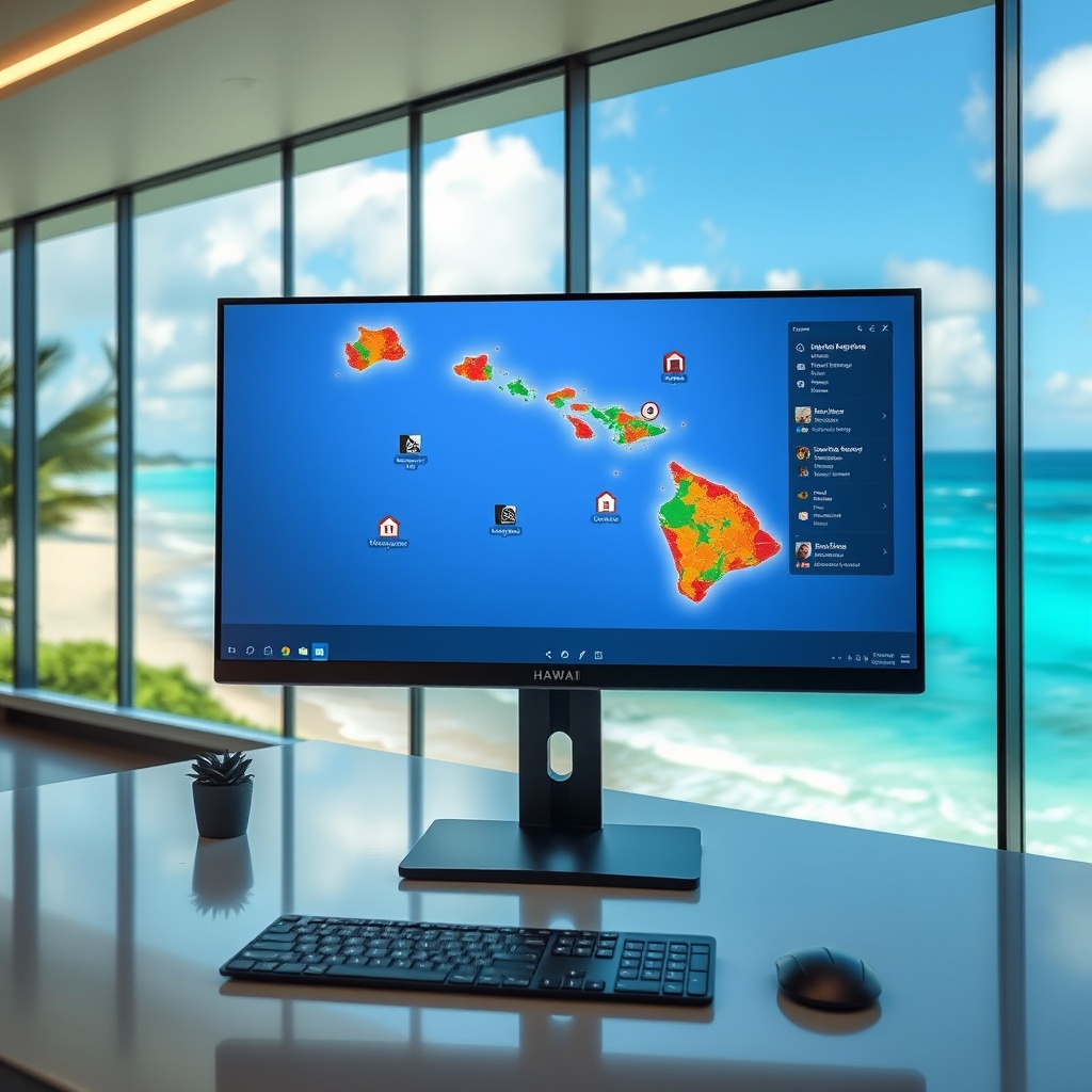 "A sleek and sophisticated workspace featuring a large, high-resolution monitor displaying an interactive real estate application focused on Hawaiian properties. The application shows a vibrant map of Hawaii, peppered with smart icons indicating various property types, highlighted with technology tools like virtual tours and property analytics. The background should have a panoramic view of a Hawaiian beach, subtly blending the allure of the location with the high-tech aspect of the real estate tool. No text included in the image."