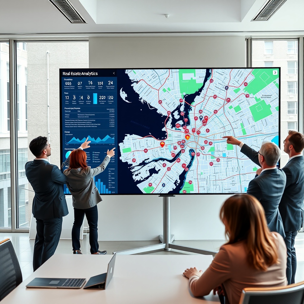 "A dynamic office environment with a large digital display showing an advanced real estate analytics platform. The screen prominently features a detailed, interactive city map bursting with various layers of data such as demographic trends, traffic, schools, and public transport options. The map includes colorful, distinct icons for properties, highlighted in real-time data feeds. Surrounding the screen are professionals in business attire, actively engaging with the data, pointing, and discussing strategic decisions. The scene conveys a sense of urgency and the cutting edge of market trends in real estate, set in a well-lit, modern office space with large windows and a minimalist design."