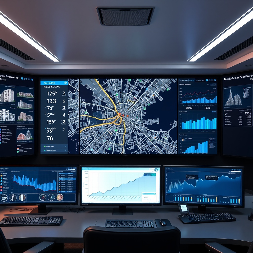 "A sleek, high-tech command center featuring multiple screens displaying advanced real estate software. One large central screen shows a dynamic map of a city detailed with various data layers; this includes real-time property values, demographic insights, and icons marking schools and public transport options. Surrounding smaller screens present statistical data and trend graphs that analyze real estate market behaviors. The room is modern and well-lit, reflecting a professional and innovative atmosphere, tailored for real estate analysts and tech-savvy investors."