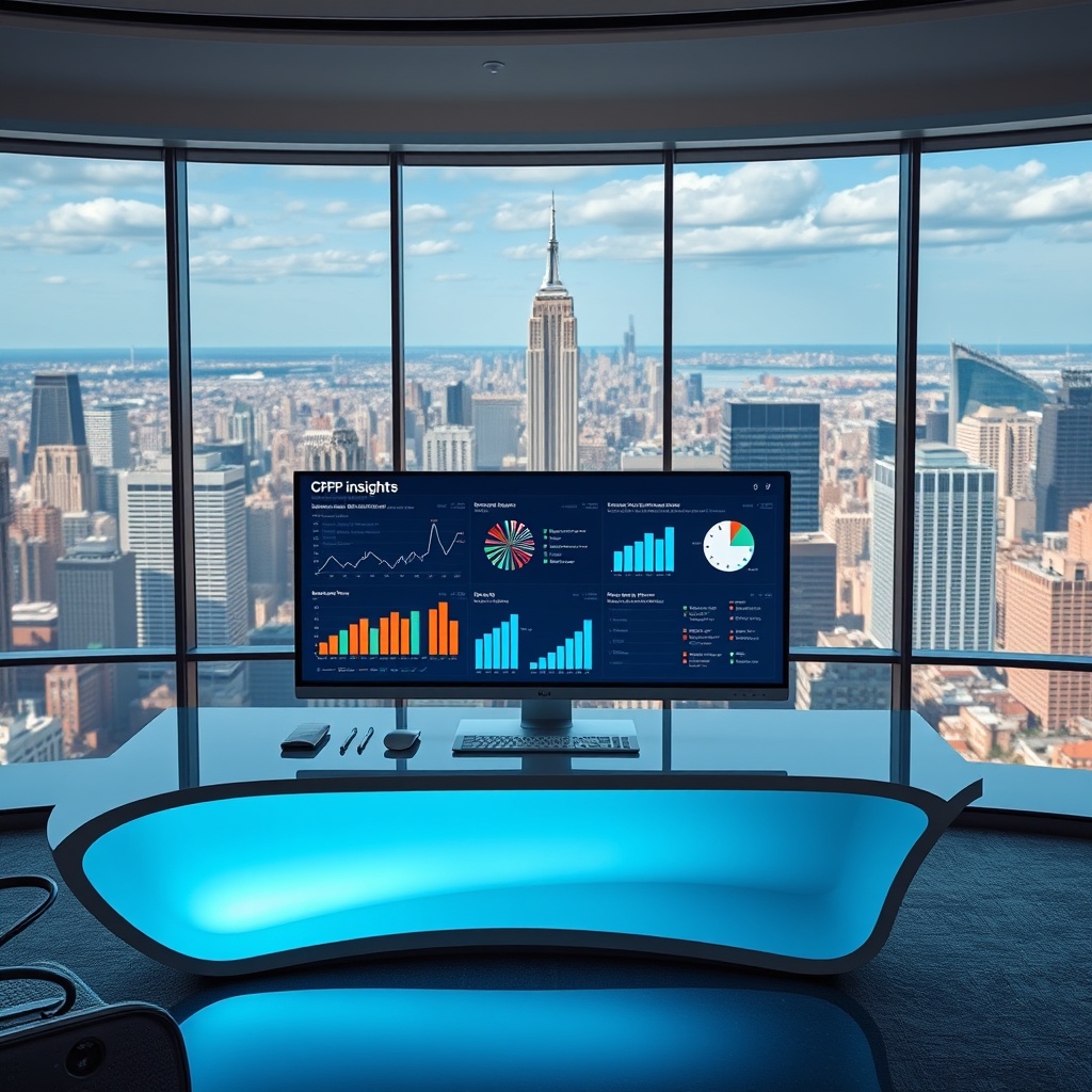 "An elegant office setting featuring a sleek, modern desk with a high-tech computer monitor displaying advanced analytics from CFPB insights. On the screen, interactive graphs and statistics about real estate market trends are visible. The background is a panoramic view of a thriving cityscape, symbolizing growth and opportunity in real estate. The atmosphere reflects a blend of innovation and sophistication, tailored to appeal to real estate professionals and tech-savvy investors."